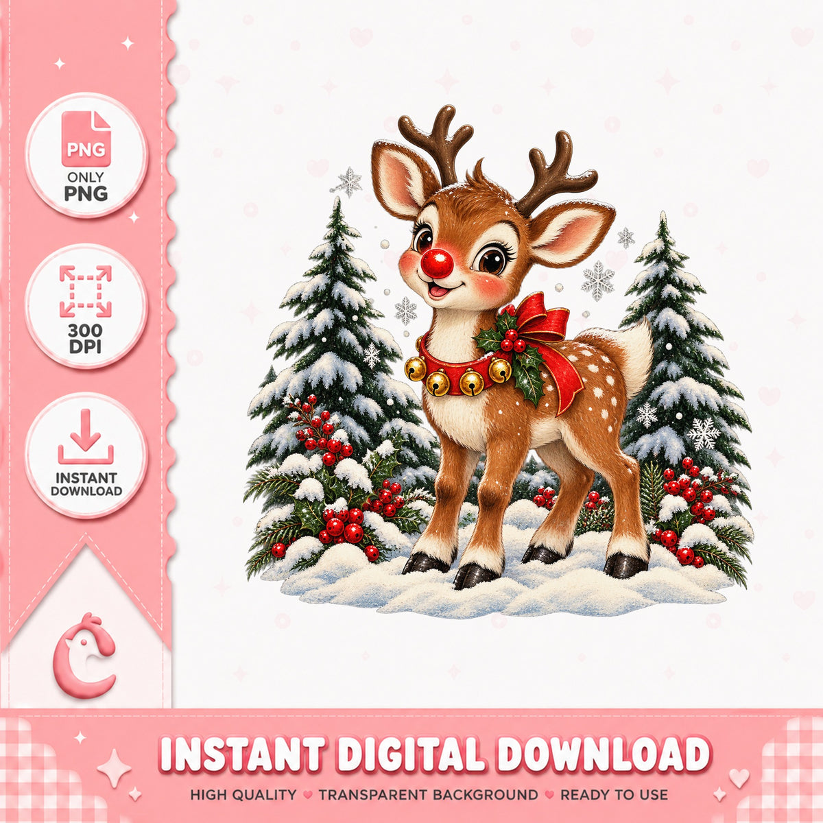 Cute Christmas Reindeer Clipart, Holiday Deer Graphics, PNG
