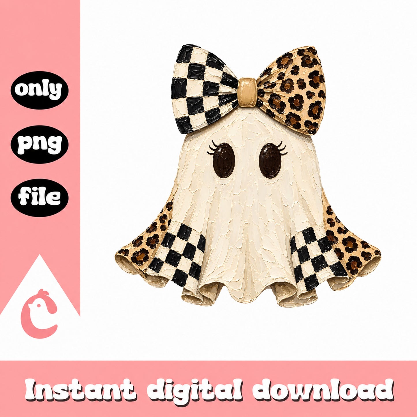 Cute Ghost With Bow PNG, Halloween Leopard Checkered, Ghost PNG