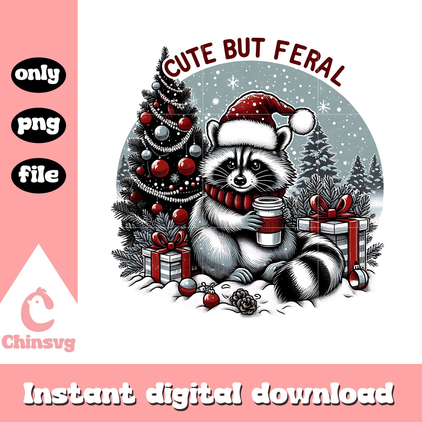 Cute but feral raccoon christmas png, merry christmas png
