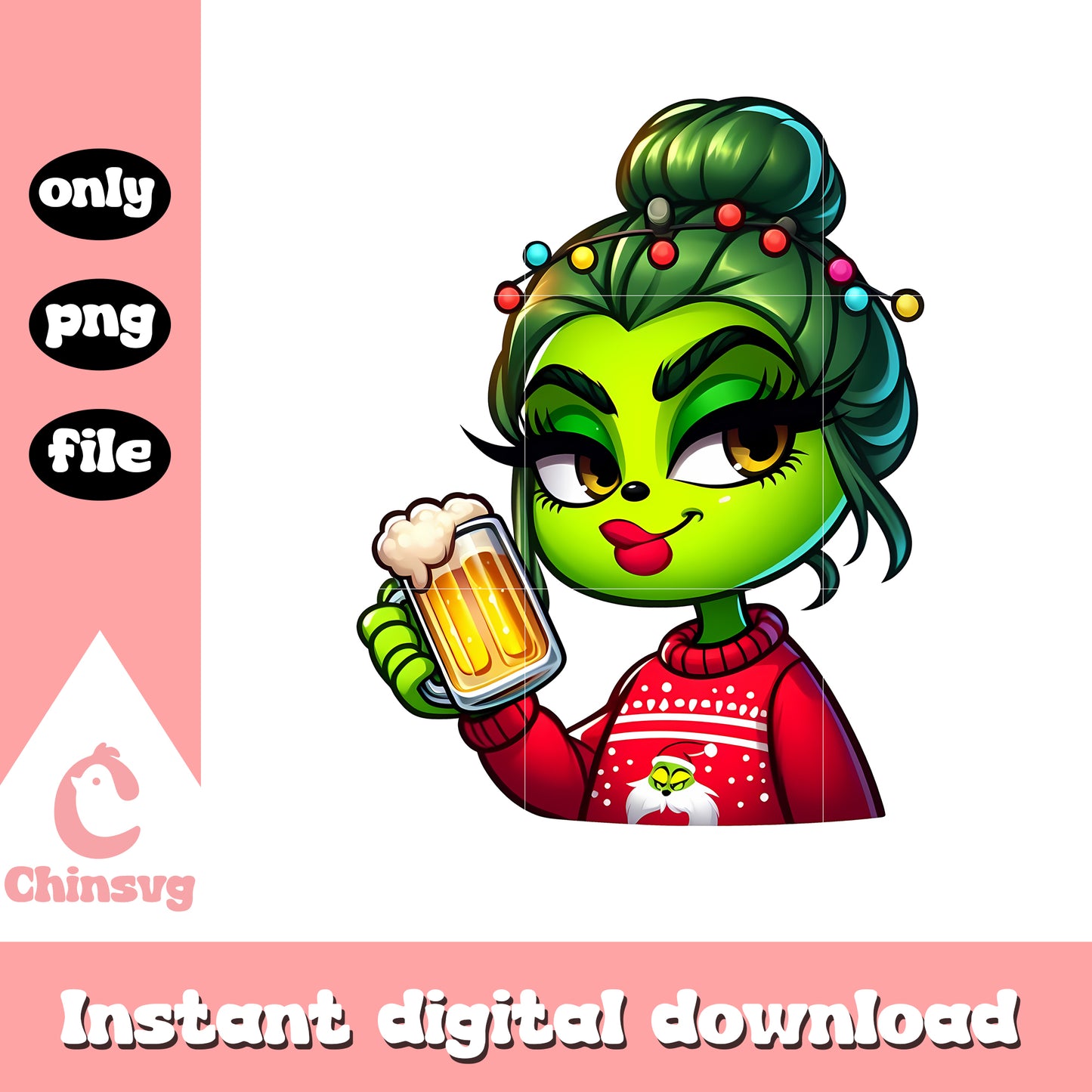 Cute girl grinch with beer cup christmas lights png, the grinch beer png