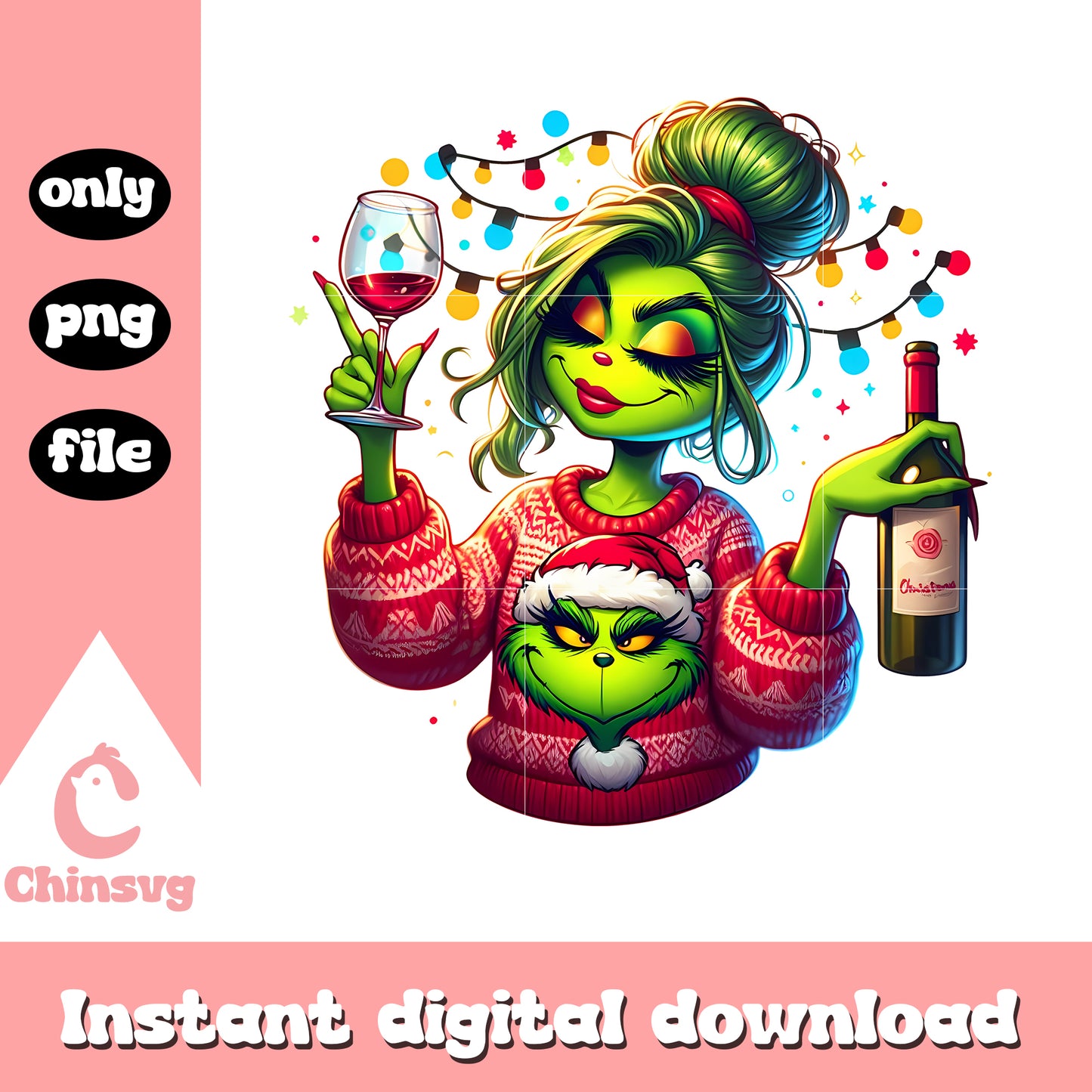 Cute grinch girl with wine christmas png, grinch drinking wine png