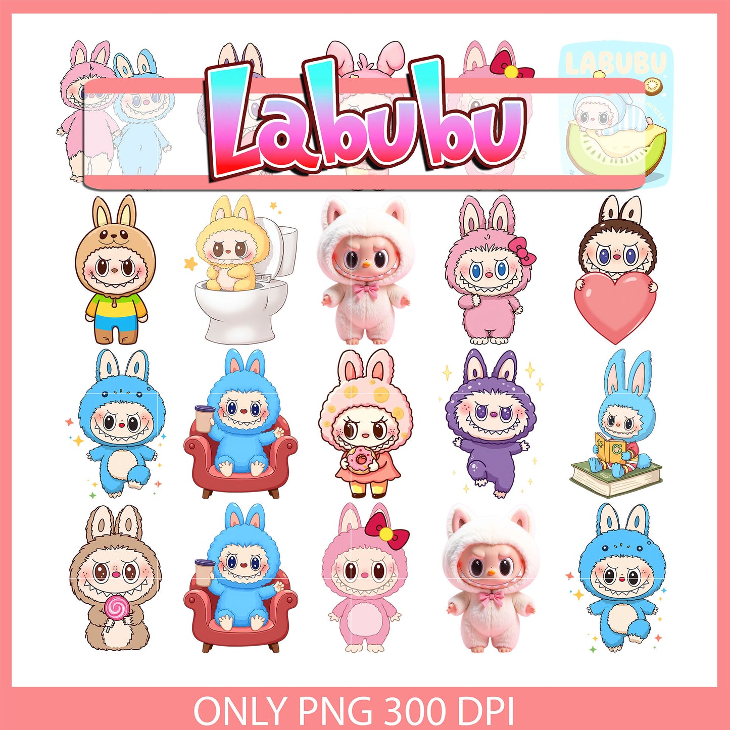 Cute baby labubu clipart design bundle png, labubu dolls png