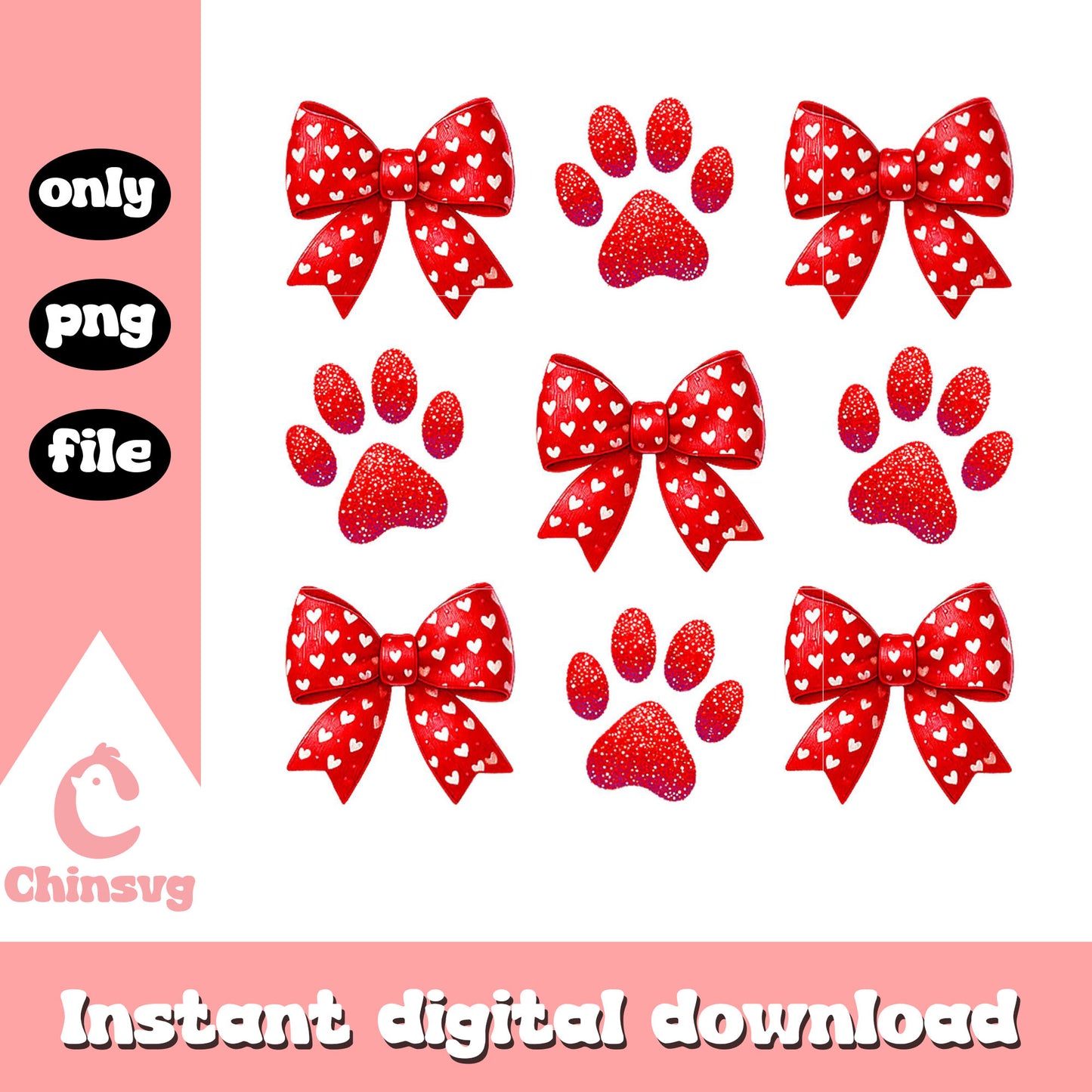 Cute coquette bow dog paws, foot print png, valentines day png