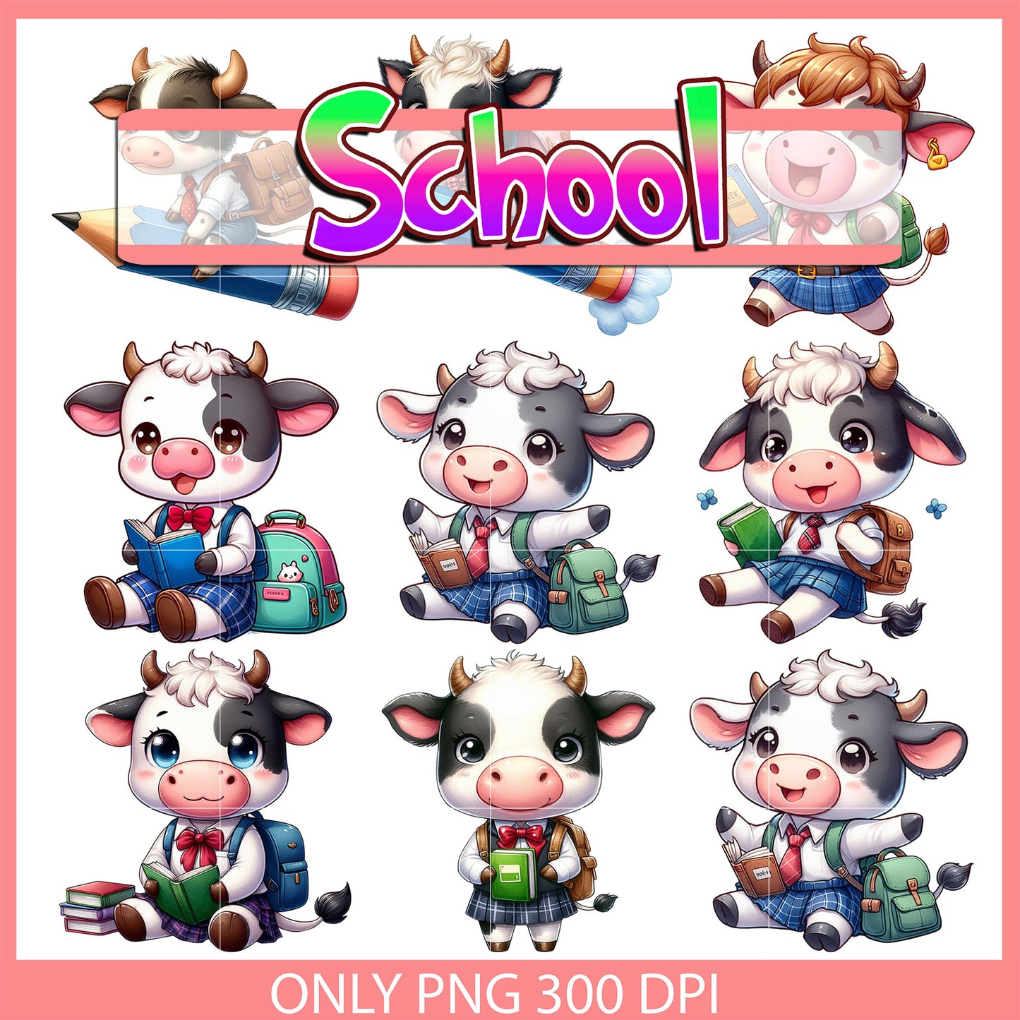 Cute cow back to school design bundle png, school days png