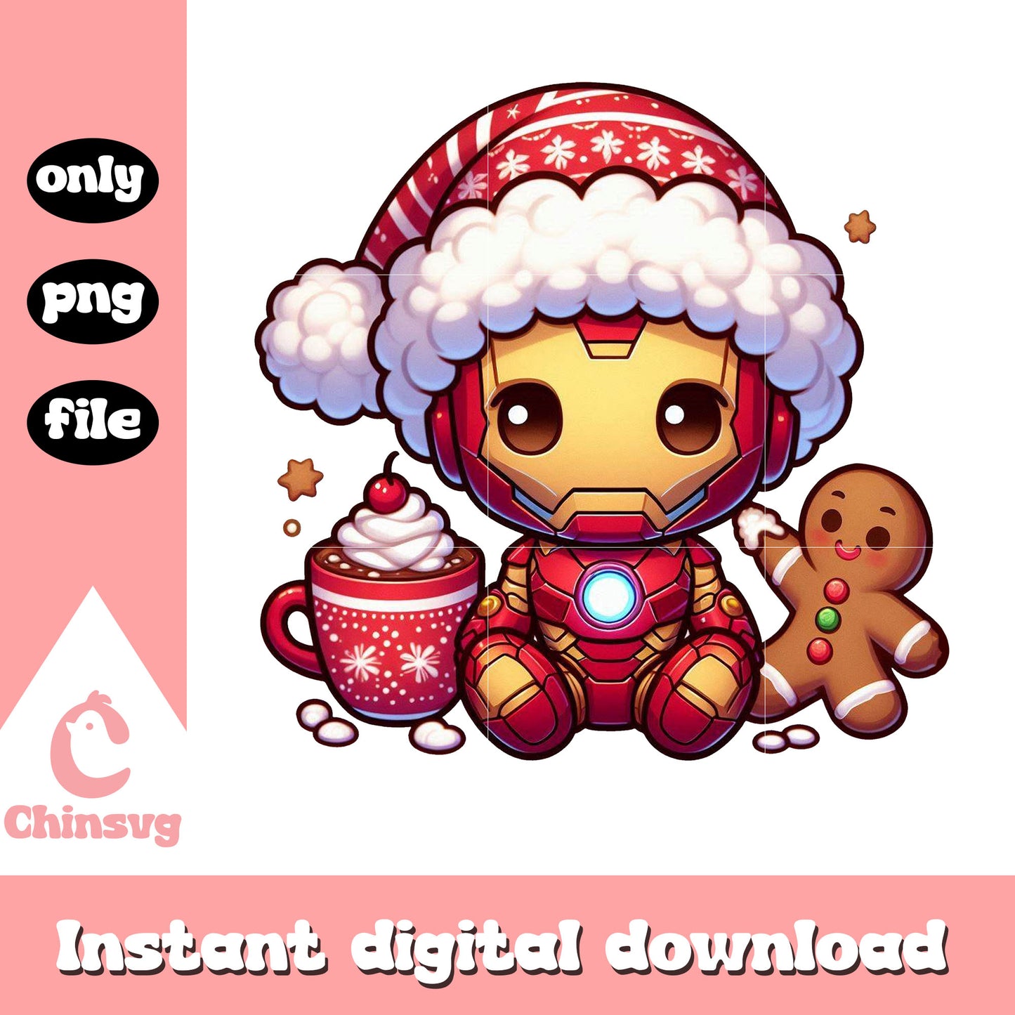 Cute iron man and christmas desserts png, santa claus png