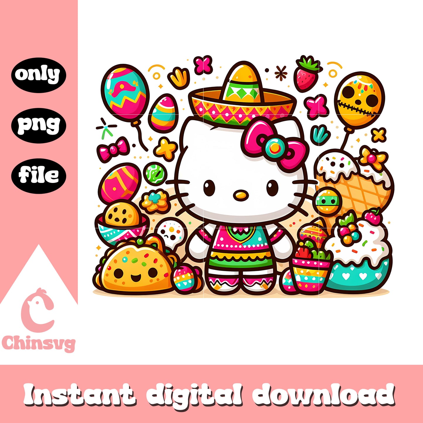 Cute kitty and colorful mexico food design png, mexico food png
