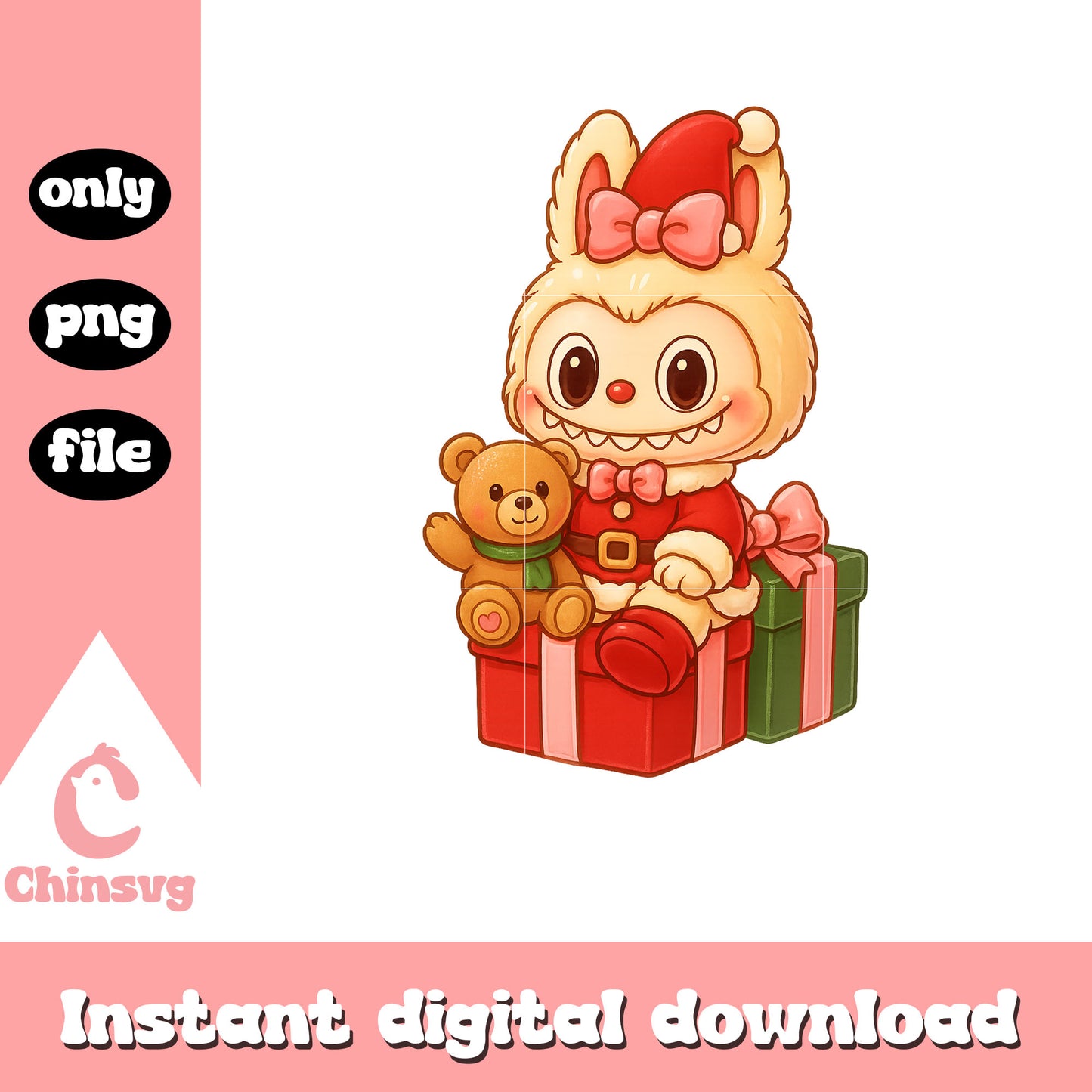 Cute labubu and christmas gift design png, christmas gift png