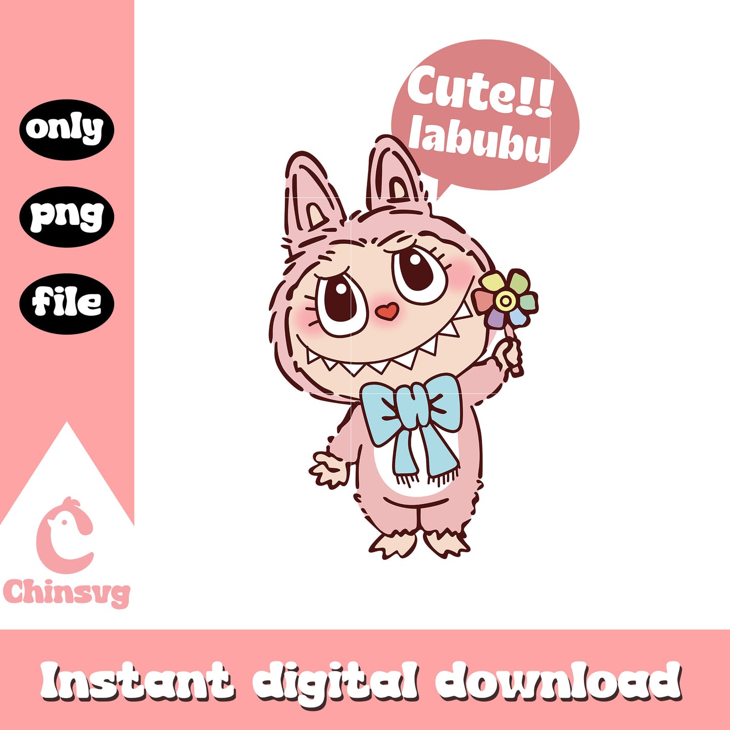 Cute labubu hand flower clipart drawing png, baby labubu png