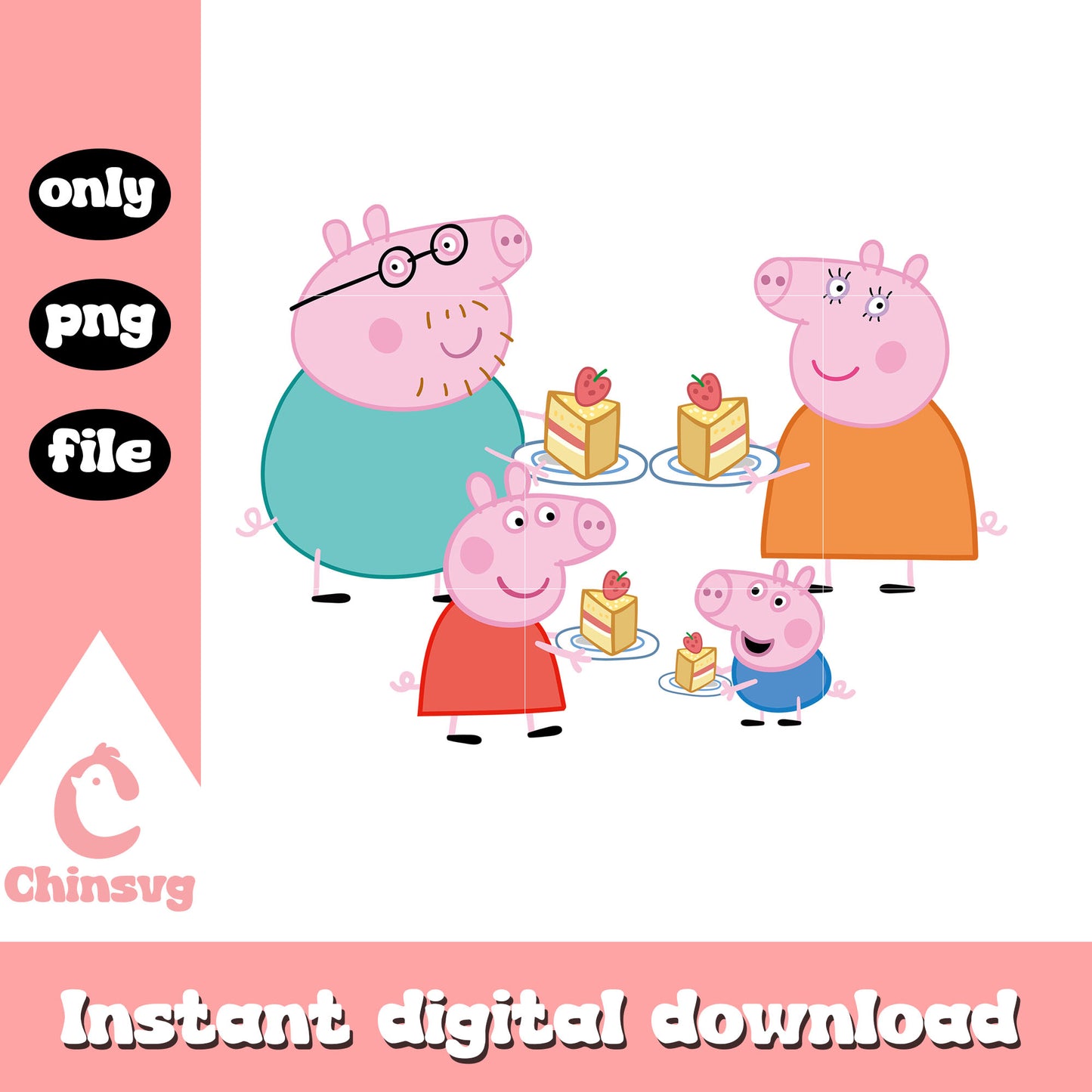 Cute peppa pig family with cake design png, peppa pig family png