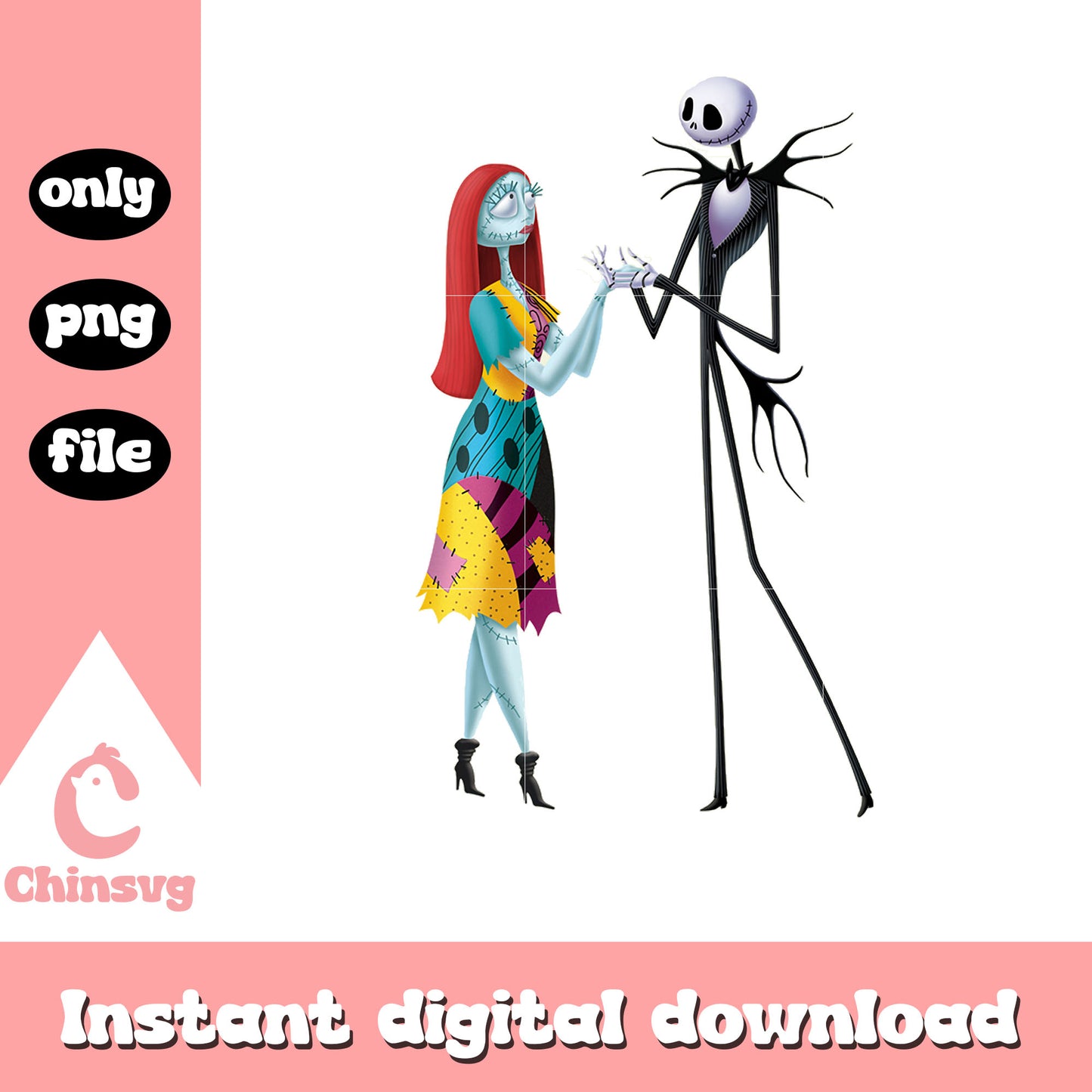 Cute sally and jack hold hands design png, sally and jack png