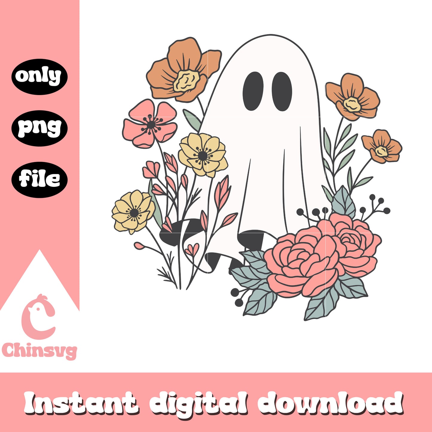 Cute sheet ghost floral design png, halloween vibes png