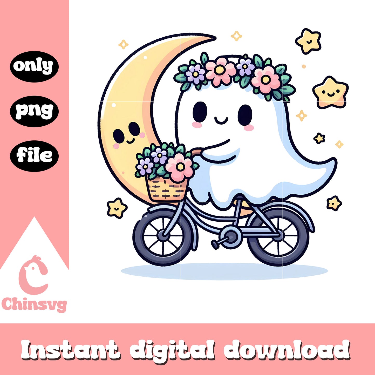 Cute sheet ghost ride bicycle png, halloween moon png