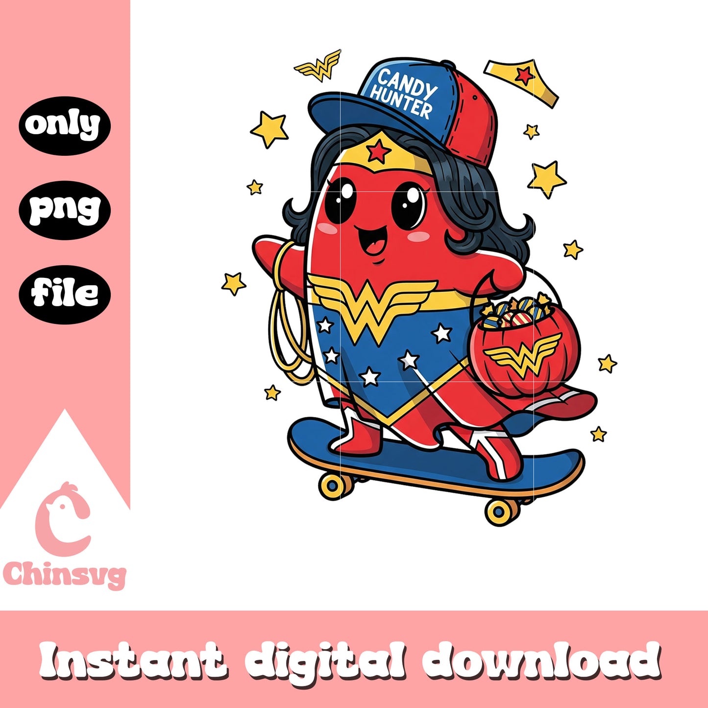 Cute wonder woman candy skateboard halloween png, wonder woman halloween png
