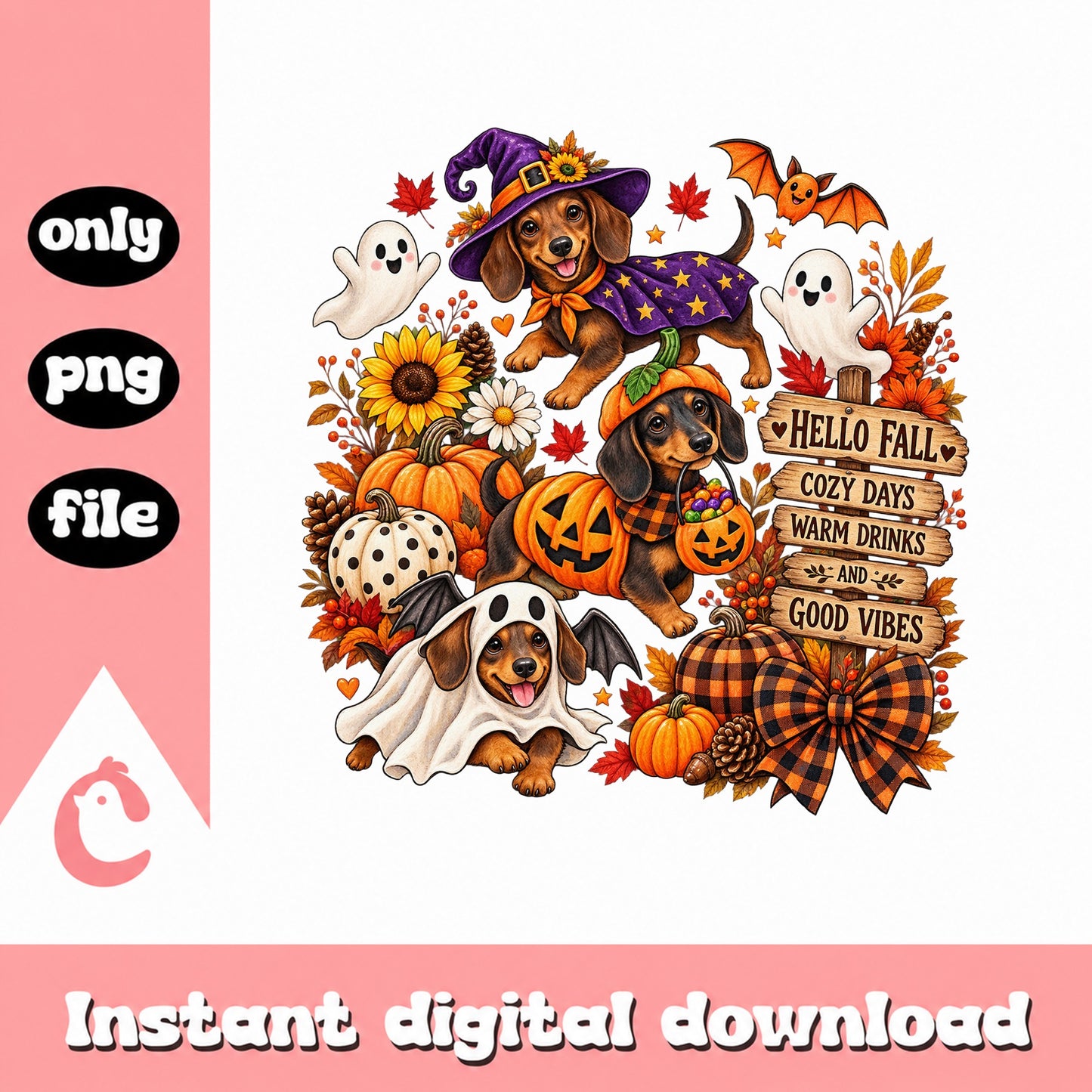 Dachshund Dog Fall Halloween PNG, Autumn Pumpkin Ghost, Dog Lover PNG