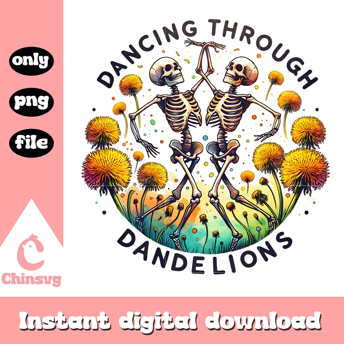 Dancing through dandelions design png, skeleton dance png