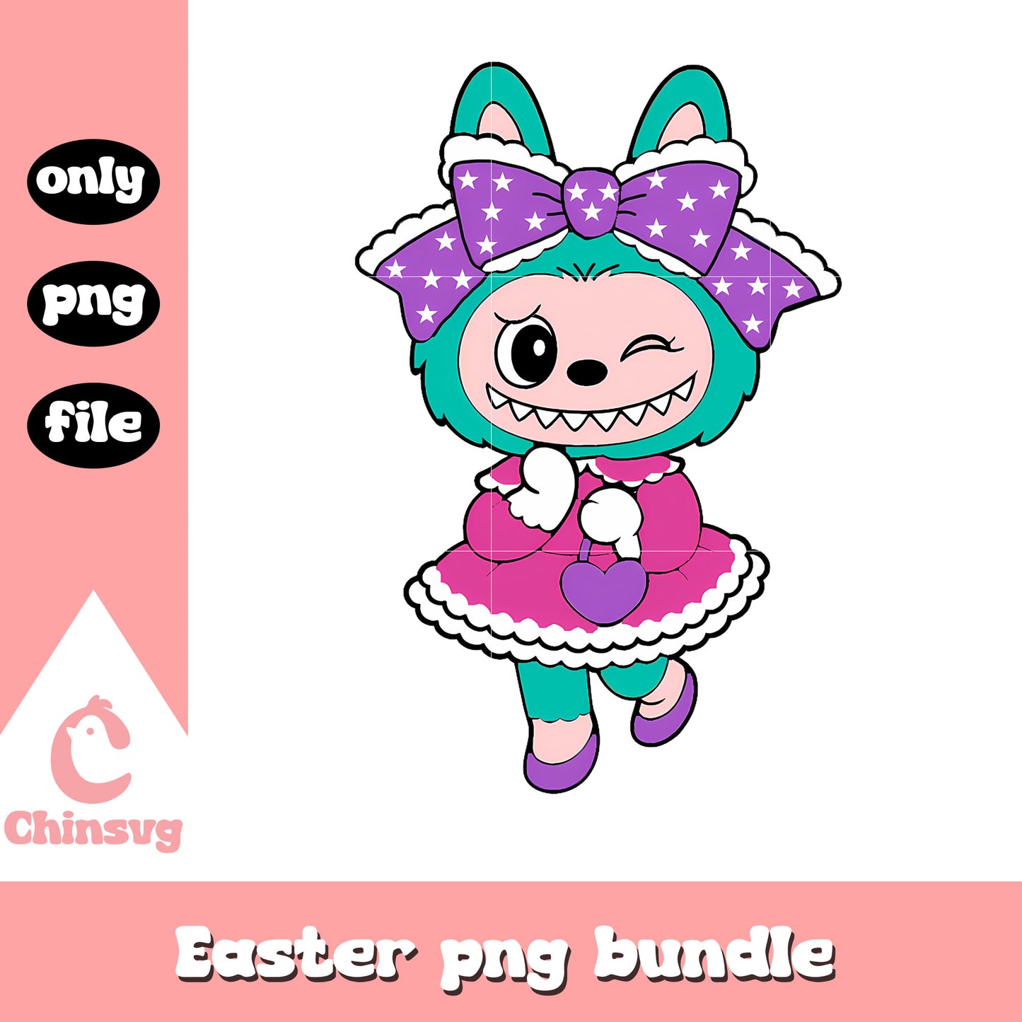 Dark aqua winking bow girl labubu doll png, labubu monster png