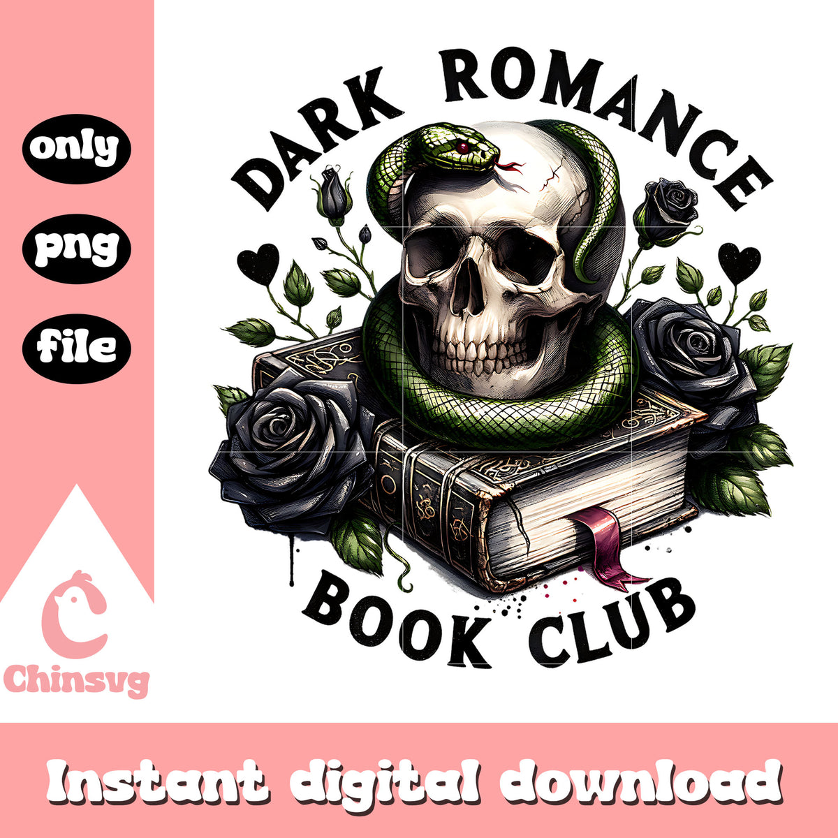 Dark romance book club design png, skull with snake png