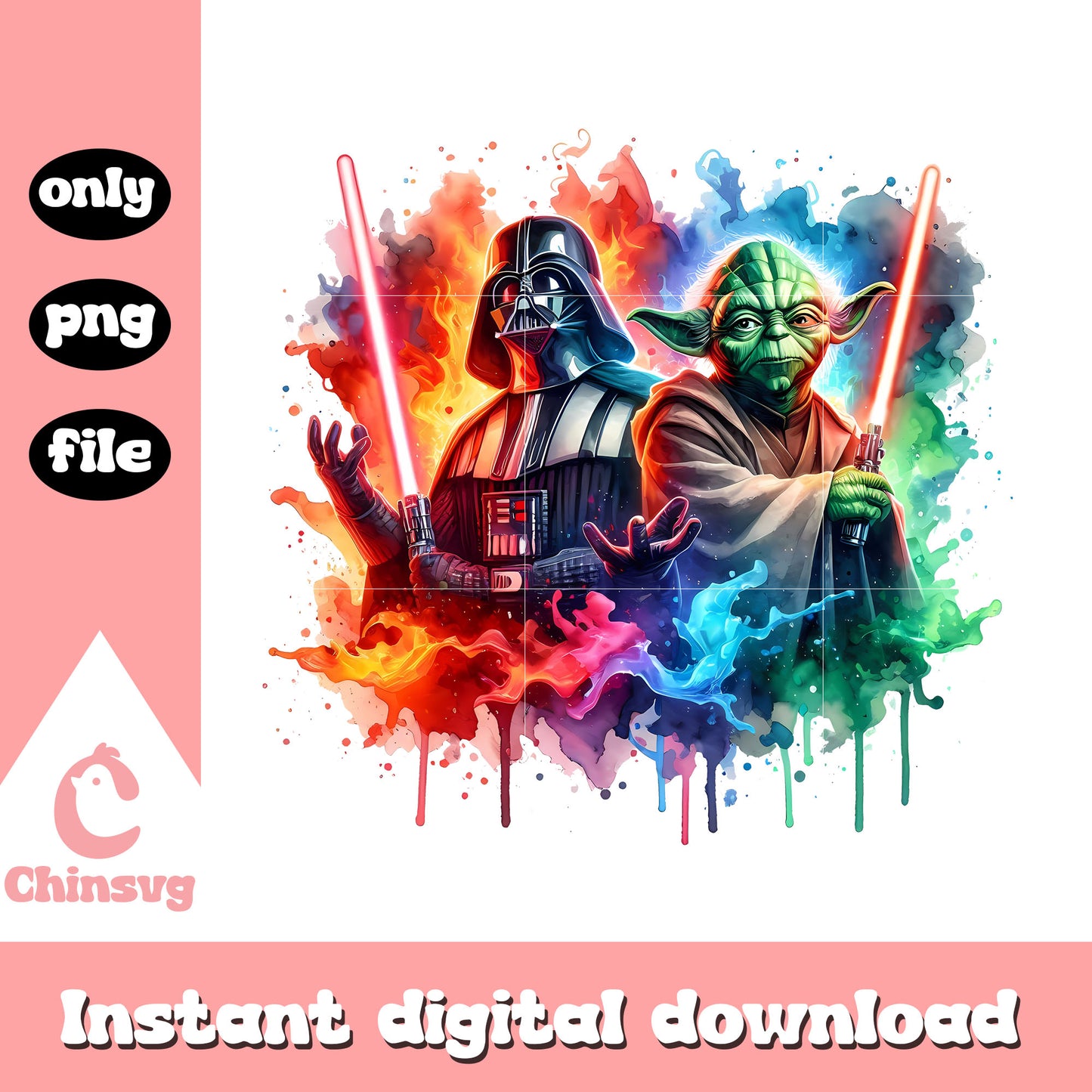 Darth vader and yoda watercolor design png, star wars png