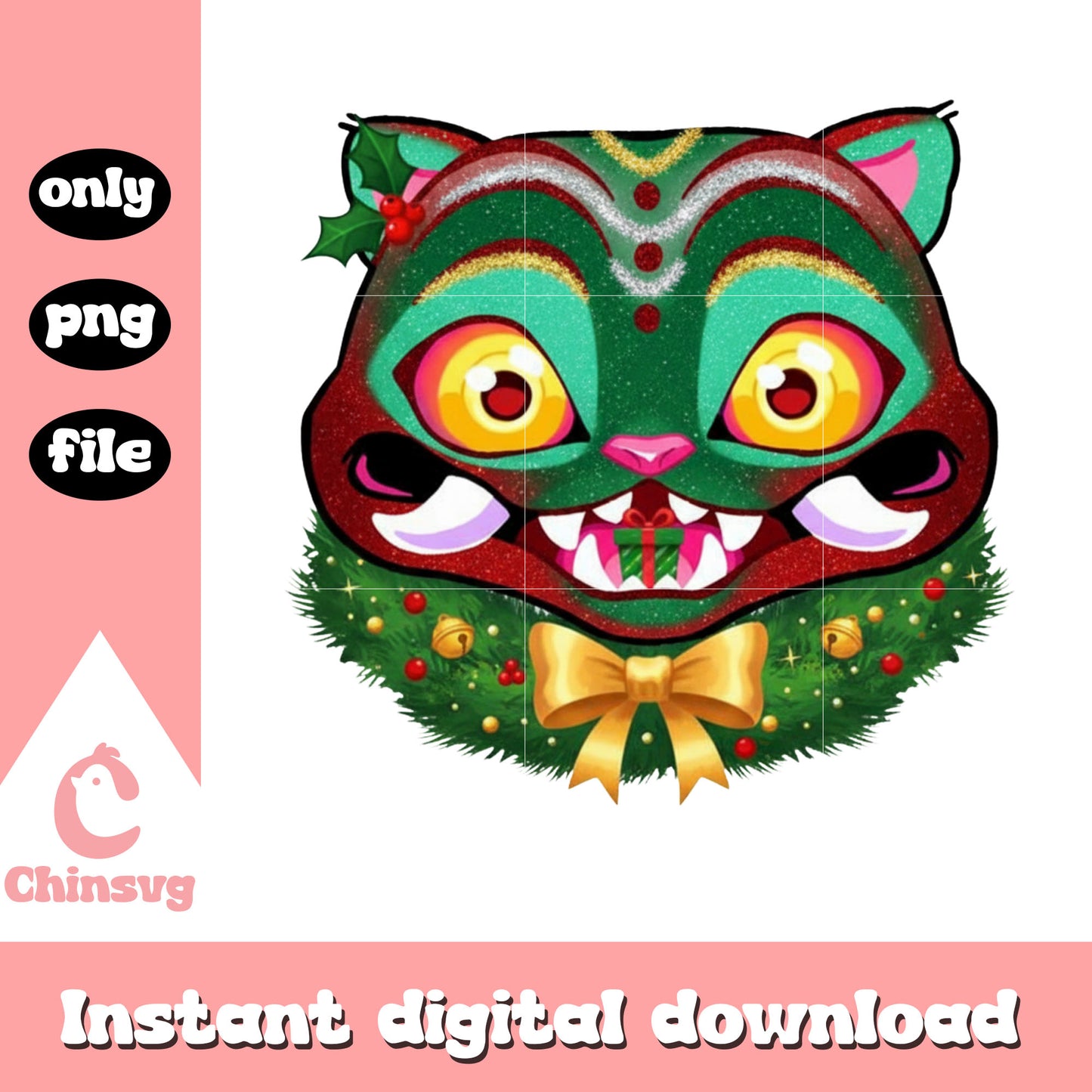 Derpy tiger kpop coquette christmas wreath png, merry xmas eve png