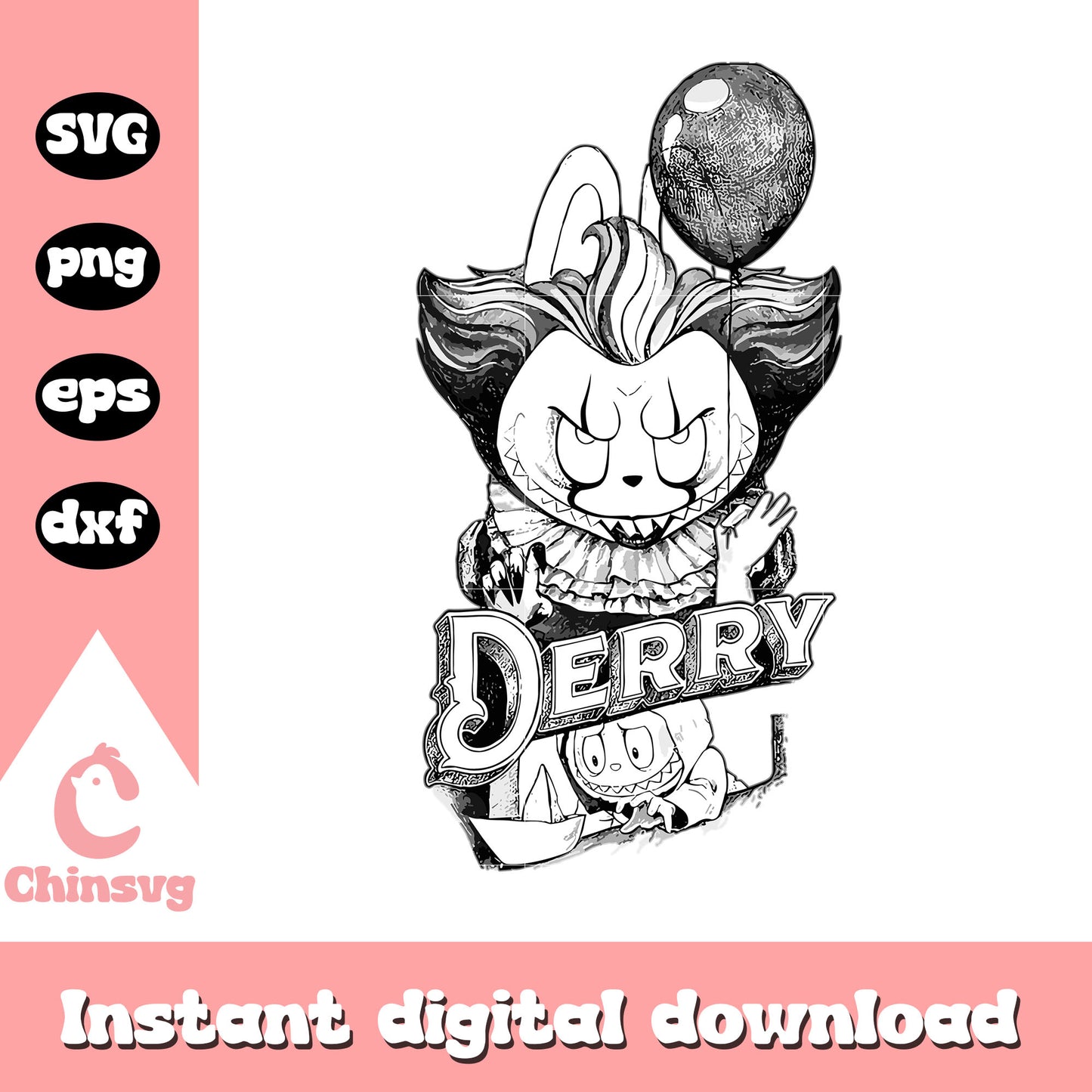 Derry labubu black white drawing design svg, pennywise art svg