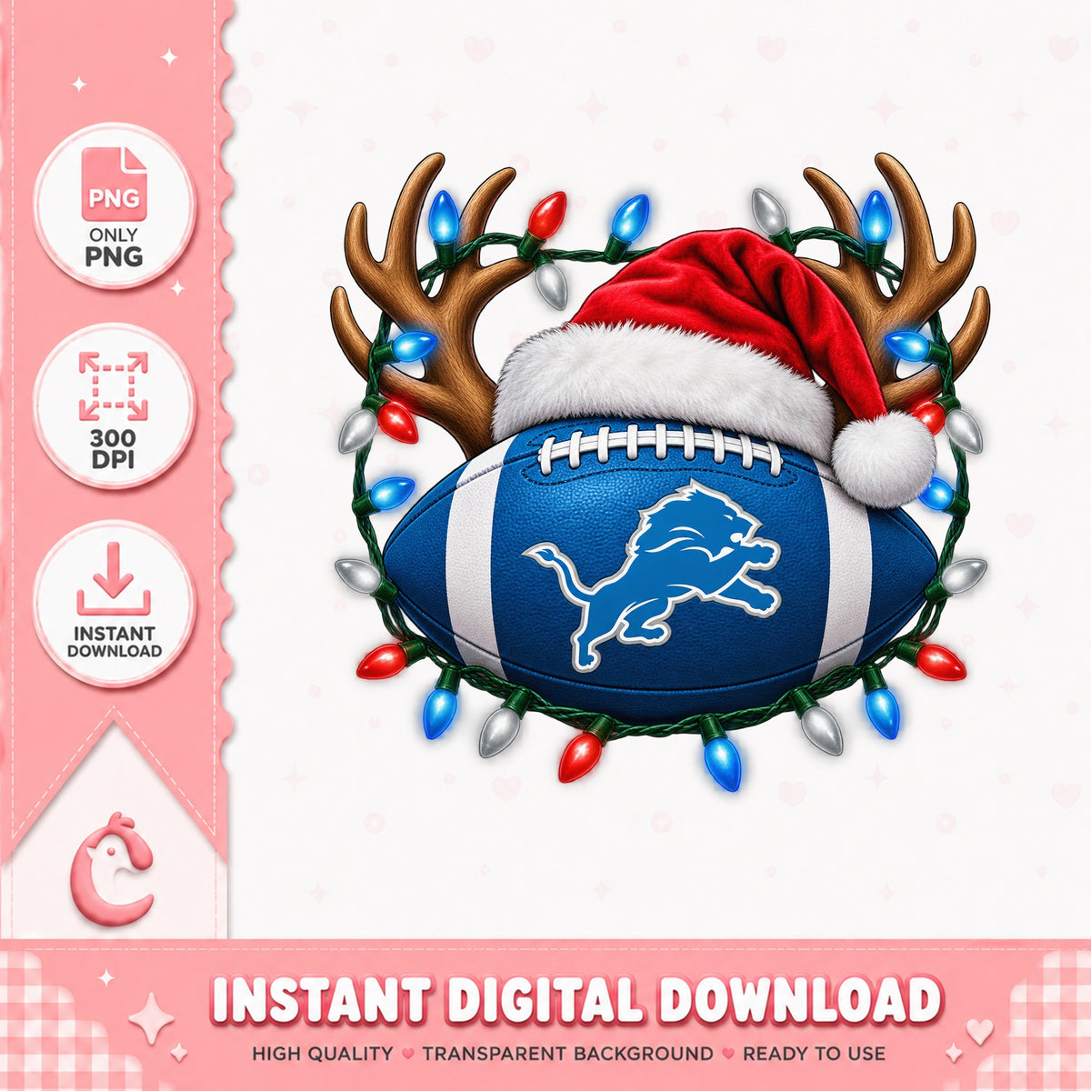 Detroit Lions Christmas Football PNG, Santa Hat Reindeer, NFL PNG