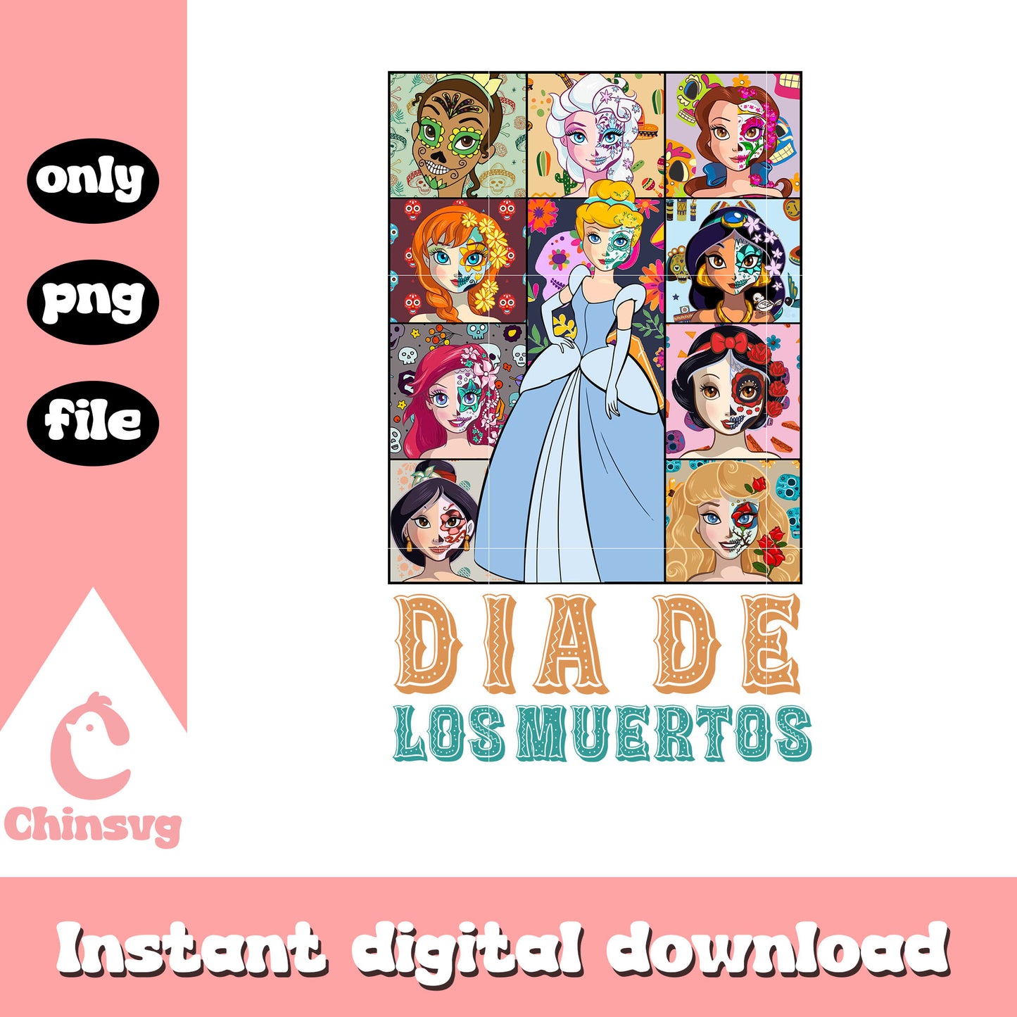 Dia de los muertos princesses floral clipart png, disney princess png