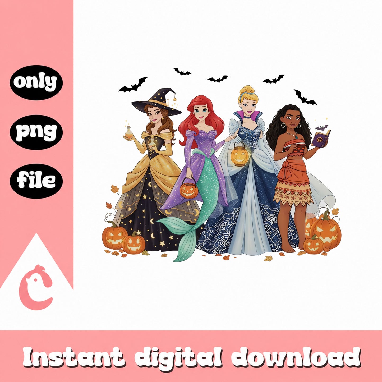 Disney Princess Halloween SVG Bundle, Ariel Moana Belle PNG, SVG
