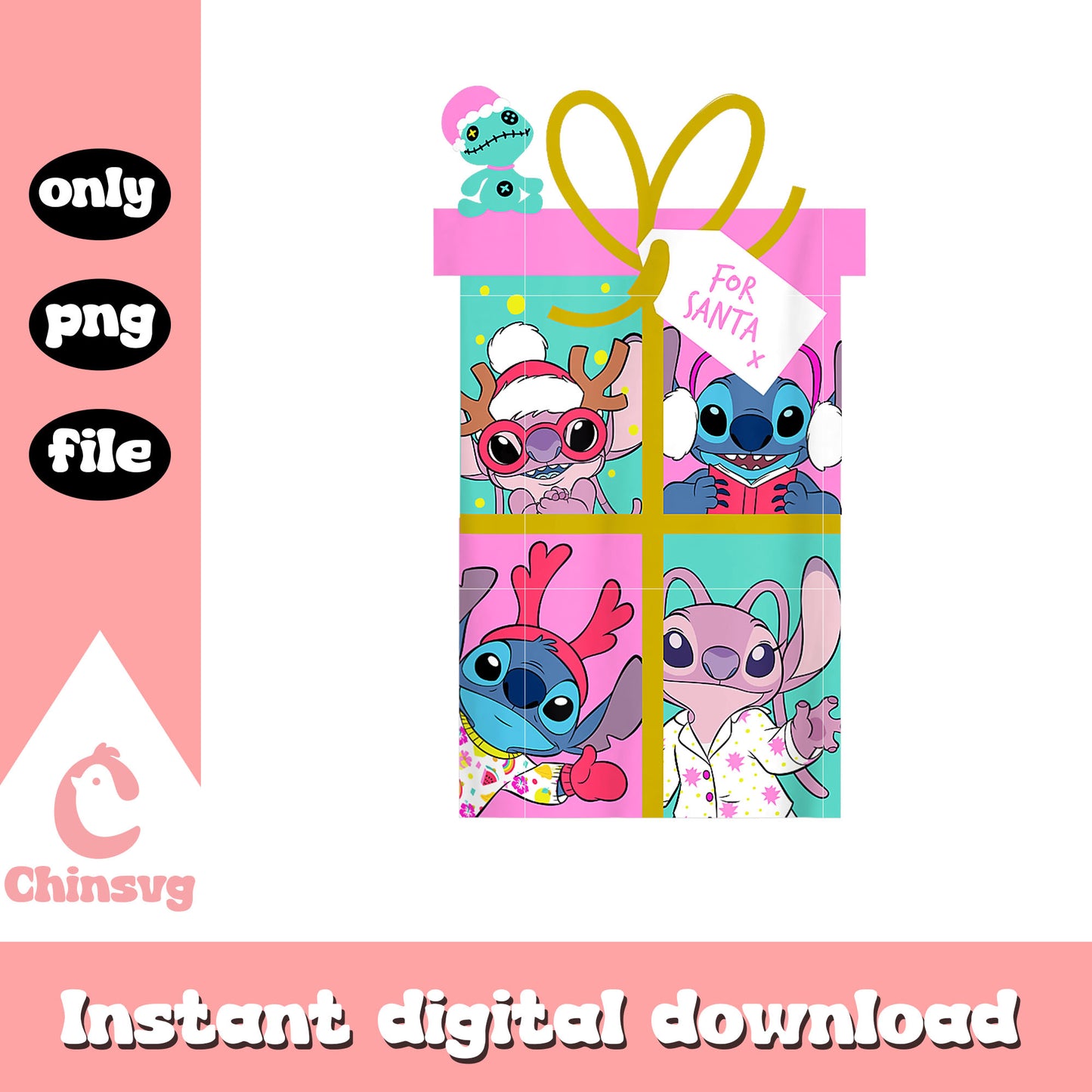 Disney angel and stitch christmas gift for santa png, stitch png