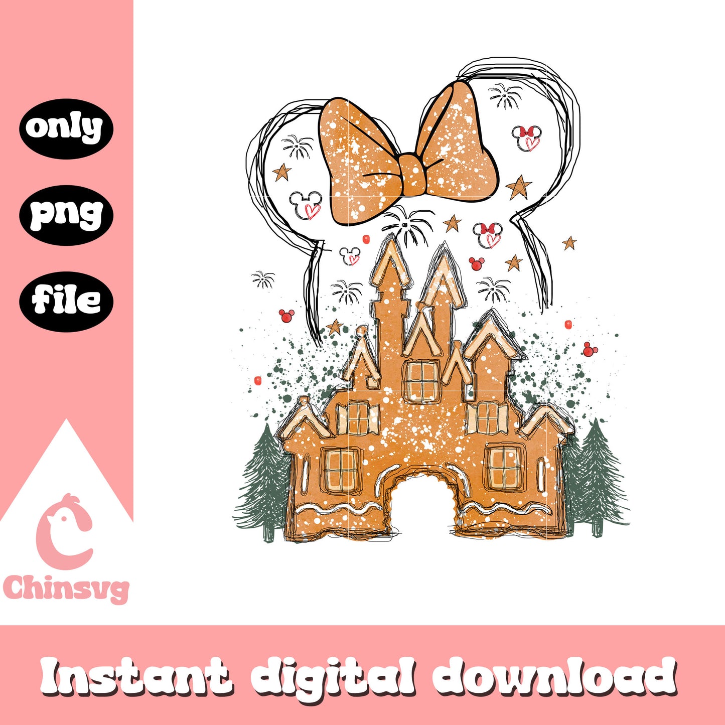 Disney christmas castle coquette bow retro png, mouse ear png