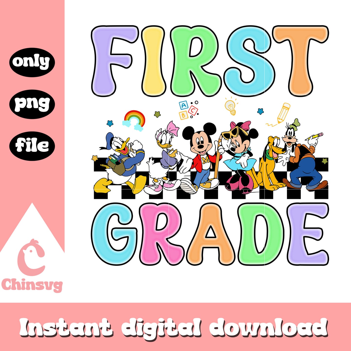 Disney first grade back to school design png, disney characters png
