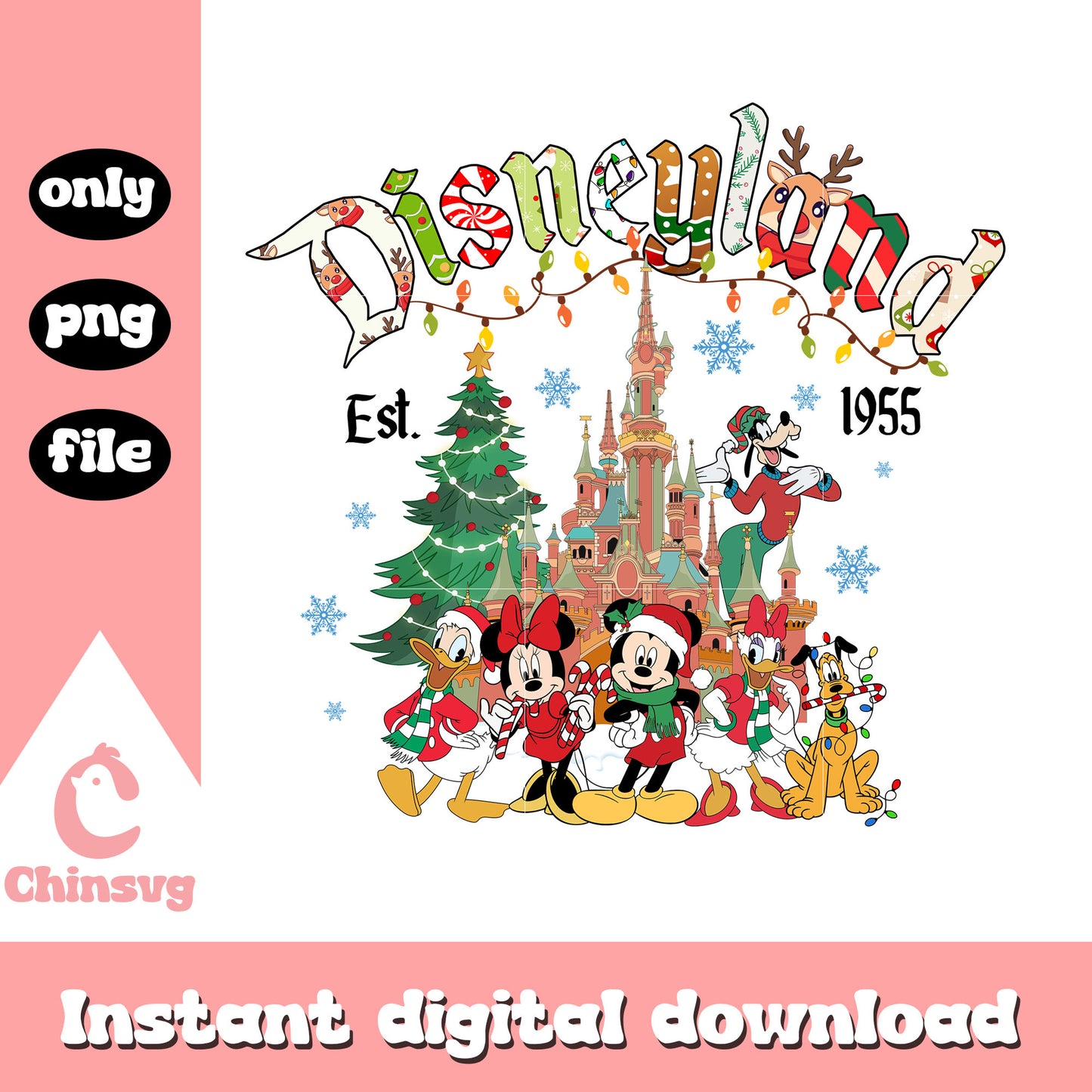Disneyland est 1955 castle png, christmas mickey and friends png