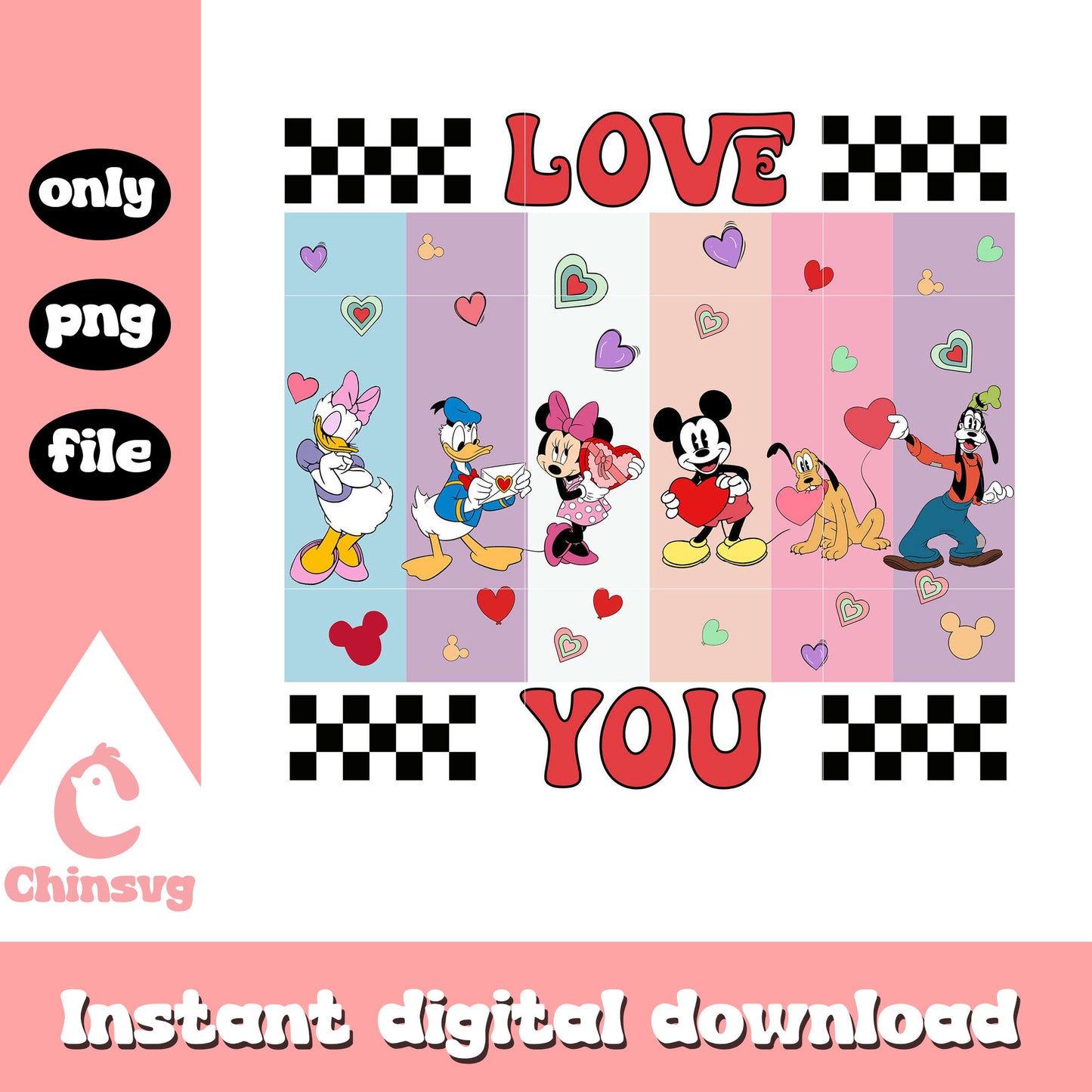 Disney love you png, mickey friends png, happy valentine day png