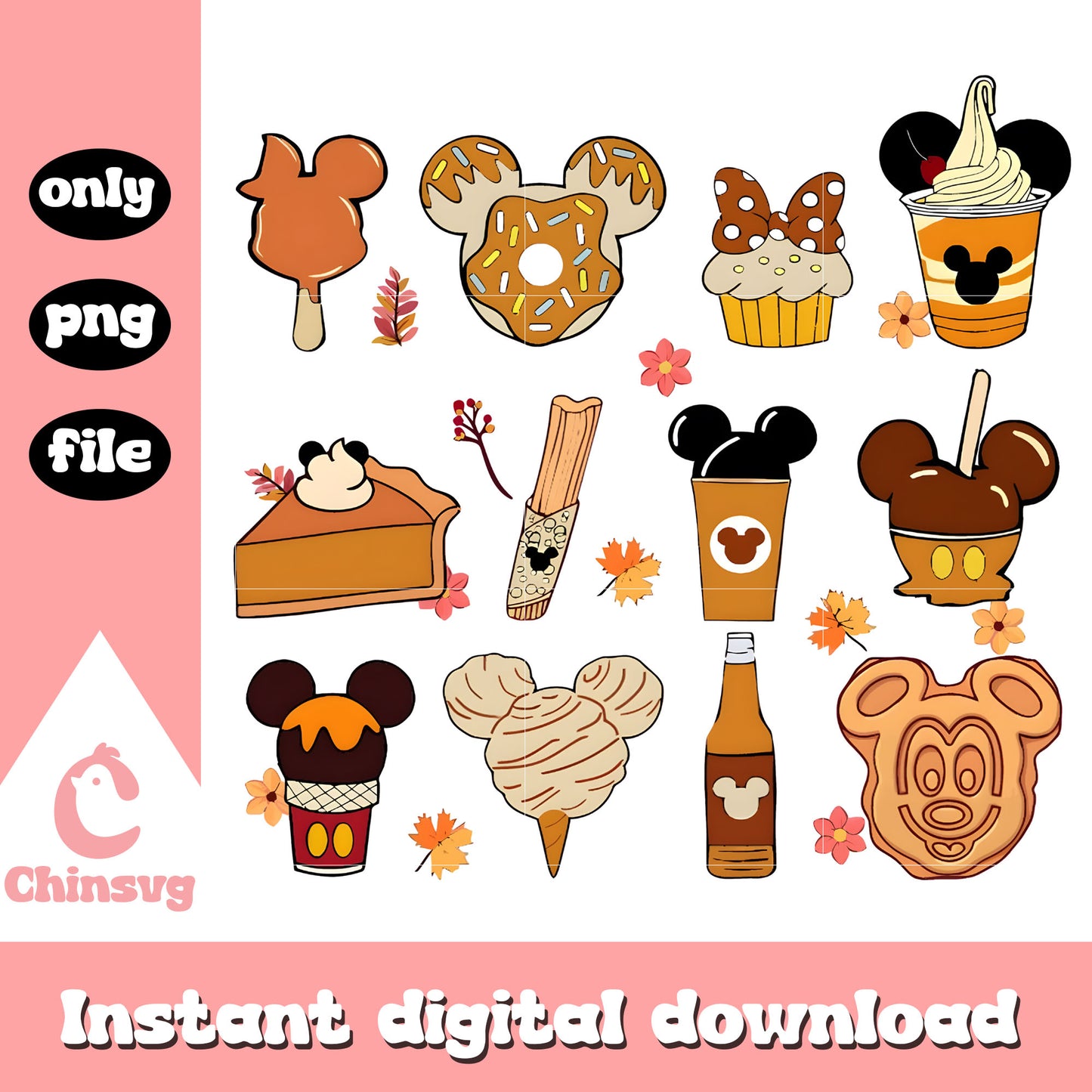 Disney mickey mouse food ice cream design png, autumn leaves png