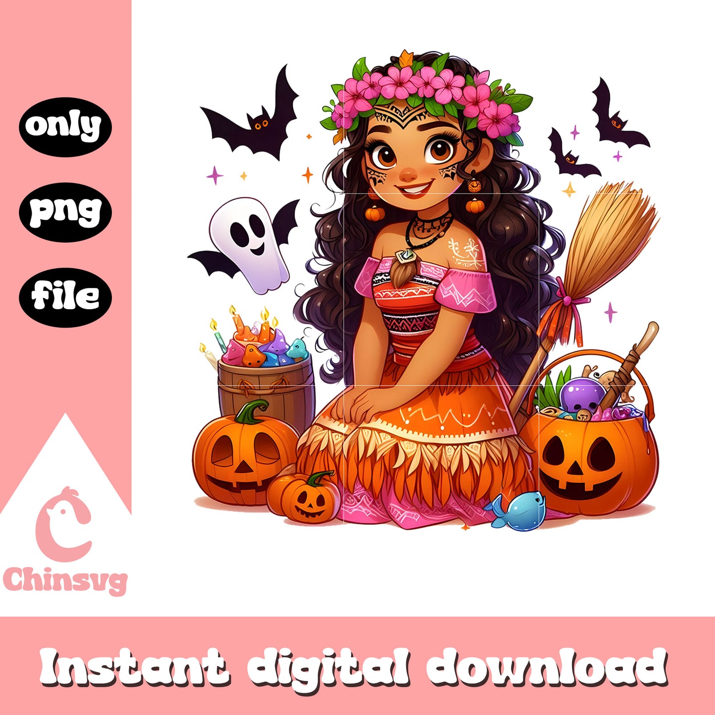 Disney moana with pumpkin ghost halloween png, moana halloween png