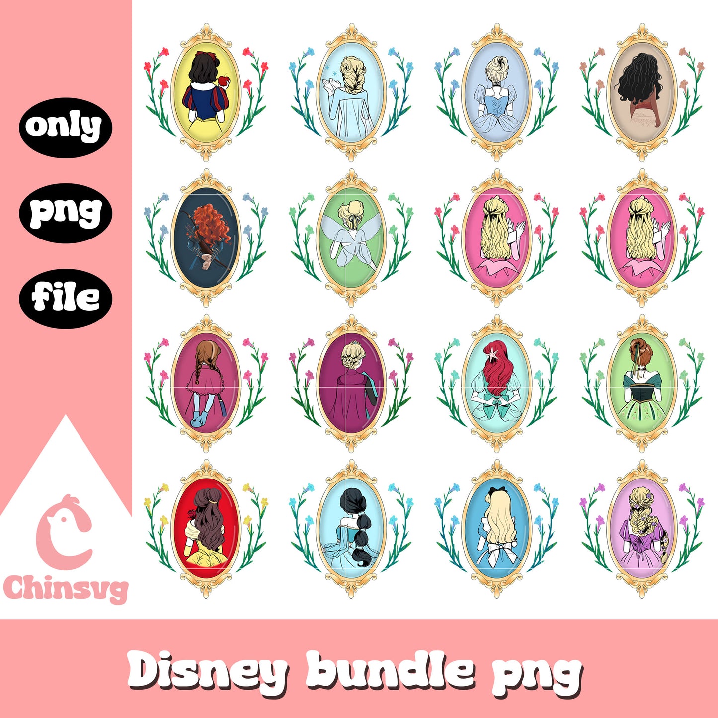 Disney princess flowers mirror design bundle png, disney princess png
