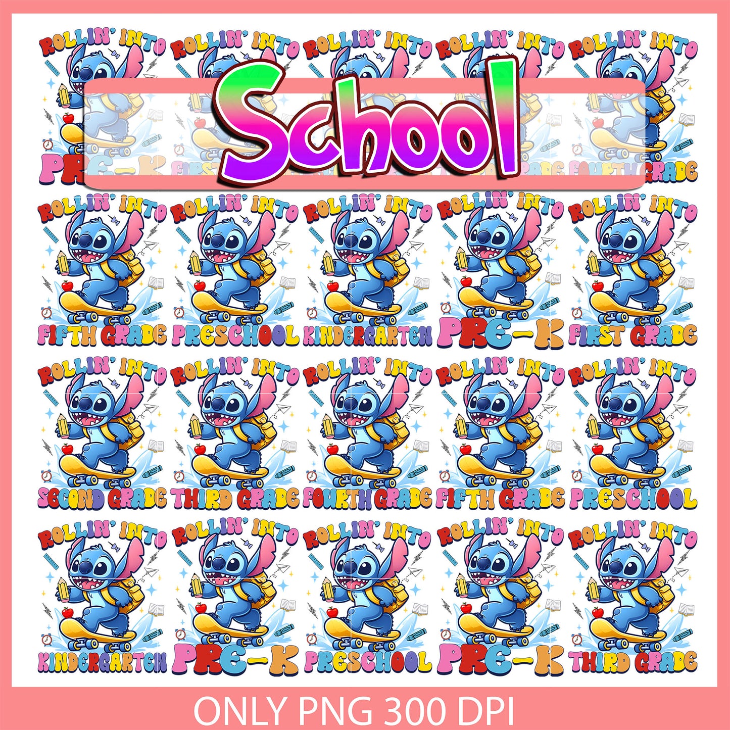 Disney stitch rollin into school bundle png, disney stitch movie png