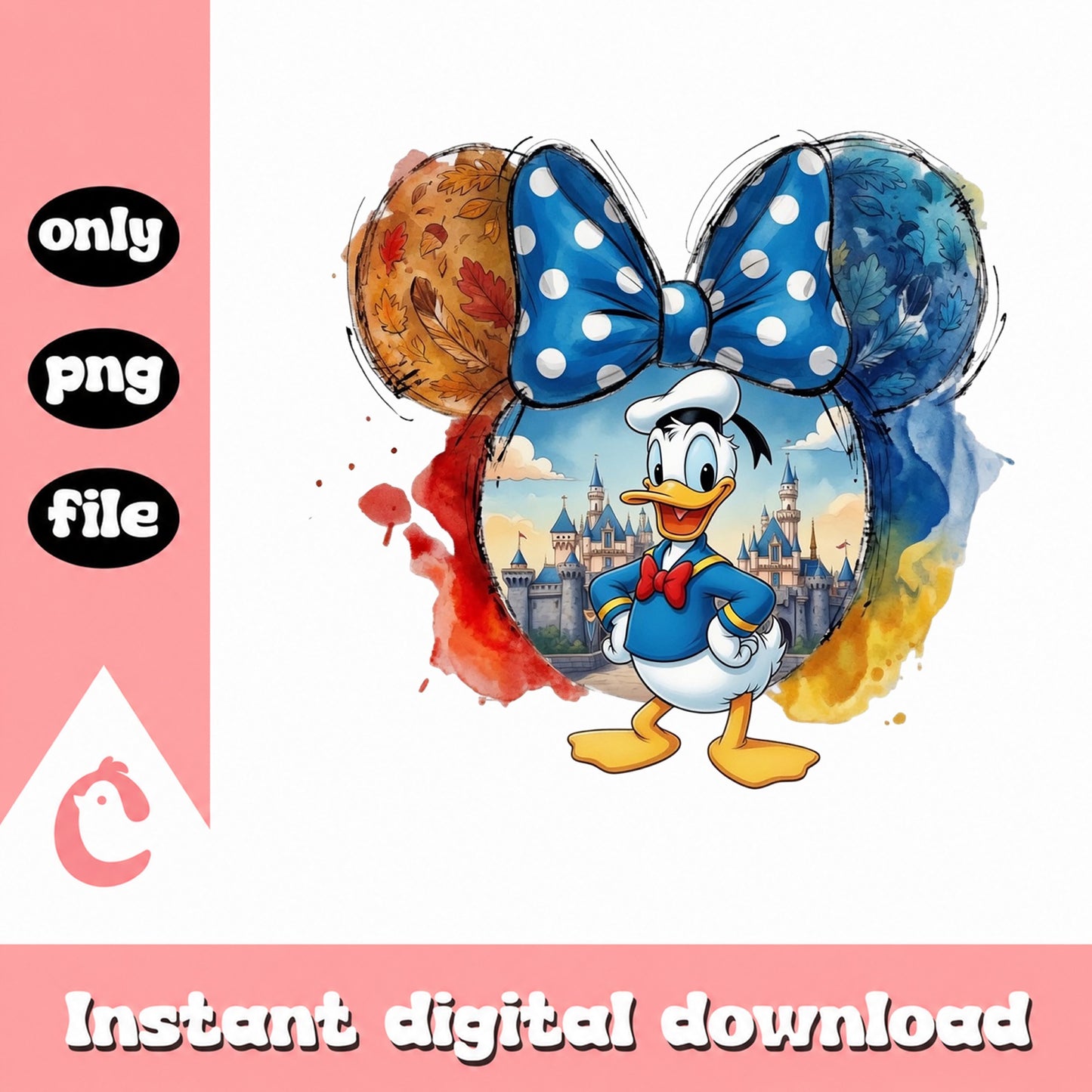 Donald Duck Disney Castle Watercolor PNG, Mickey Ears PNG, Disney PNG