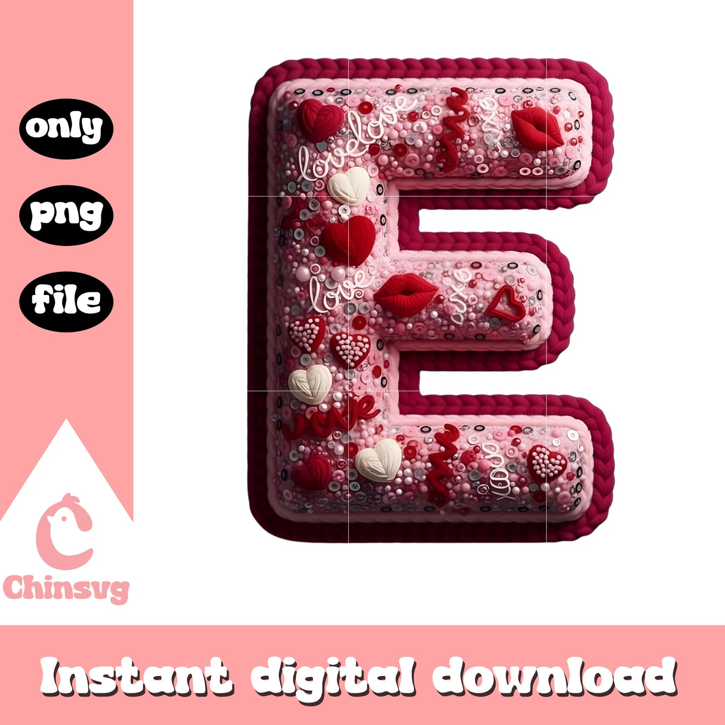 E alphabet valentine pink png, heart valentine's day png