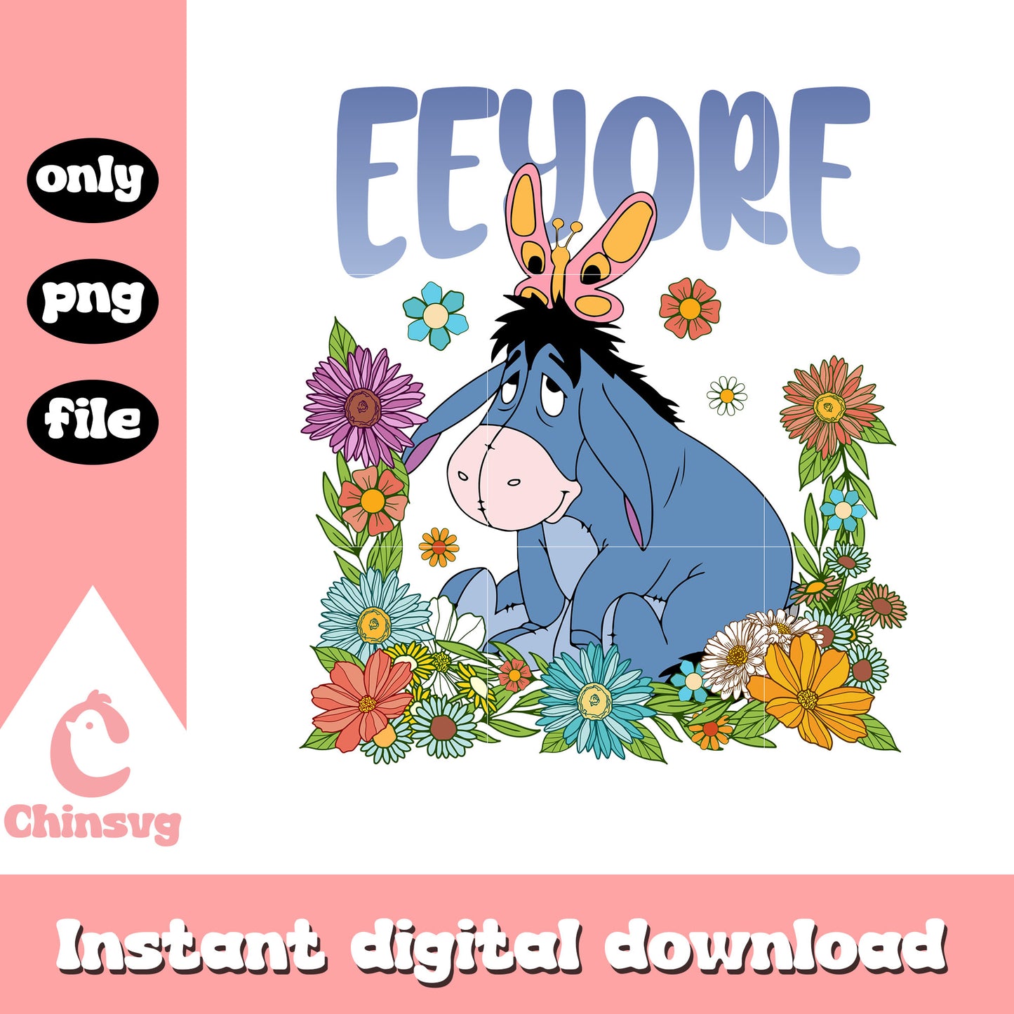 Eeyore character vintage flower png, disney character png