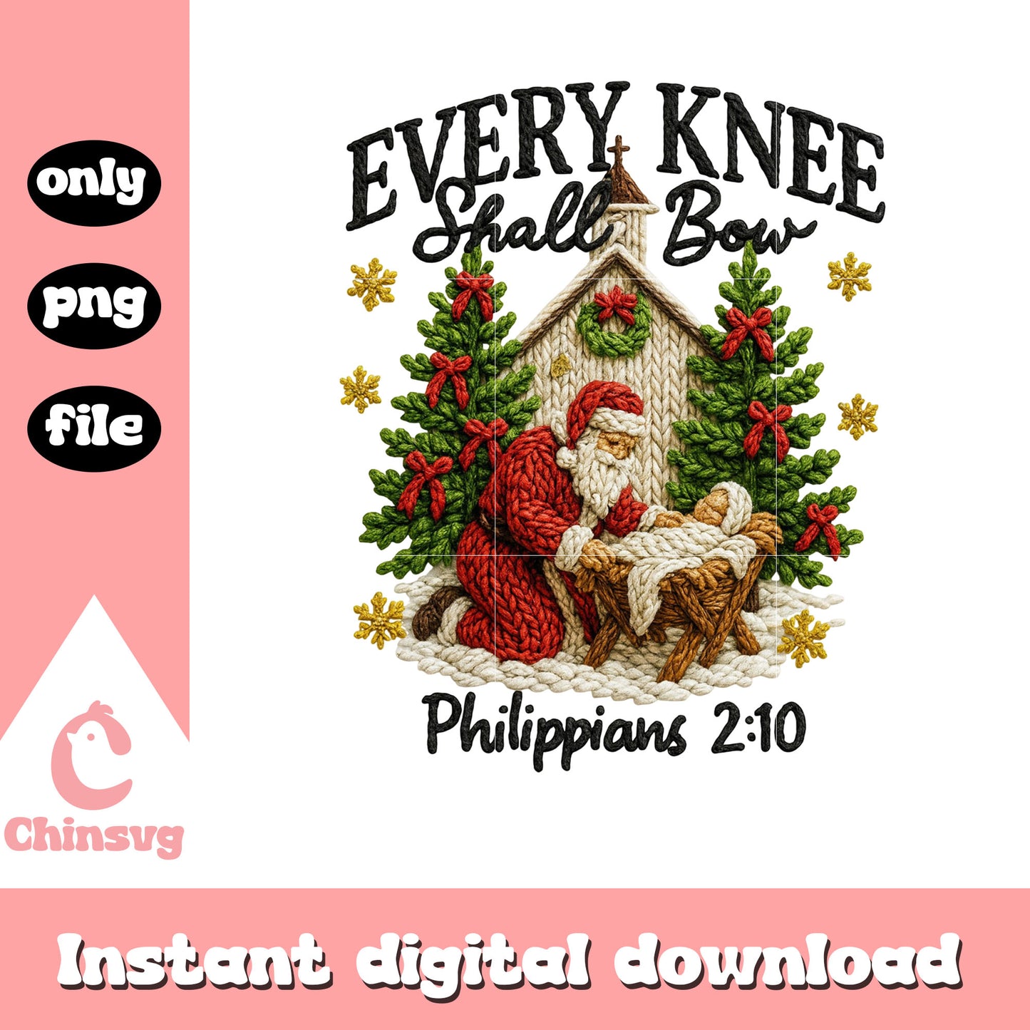 Every knee shall bow yarn crochet png, santa claus png