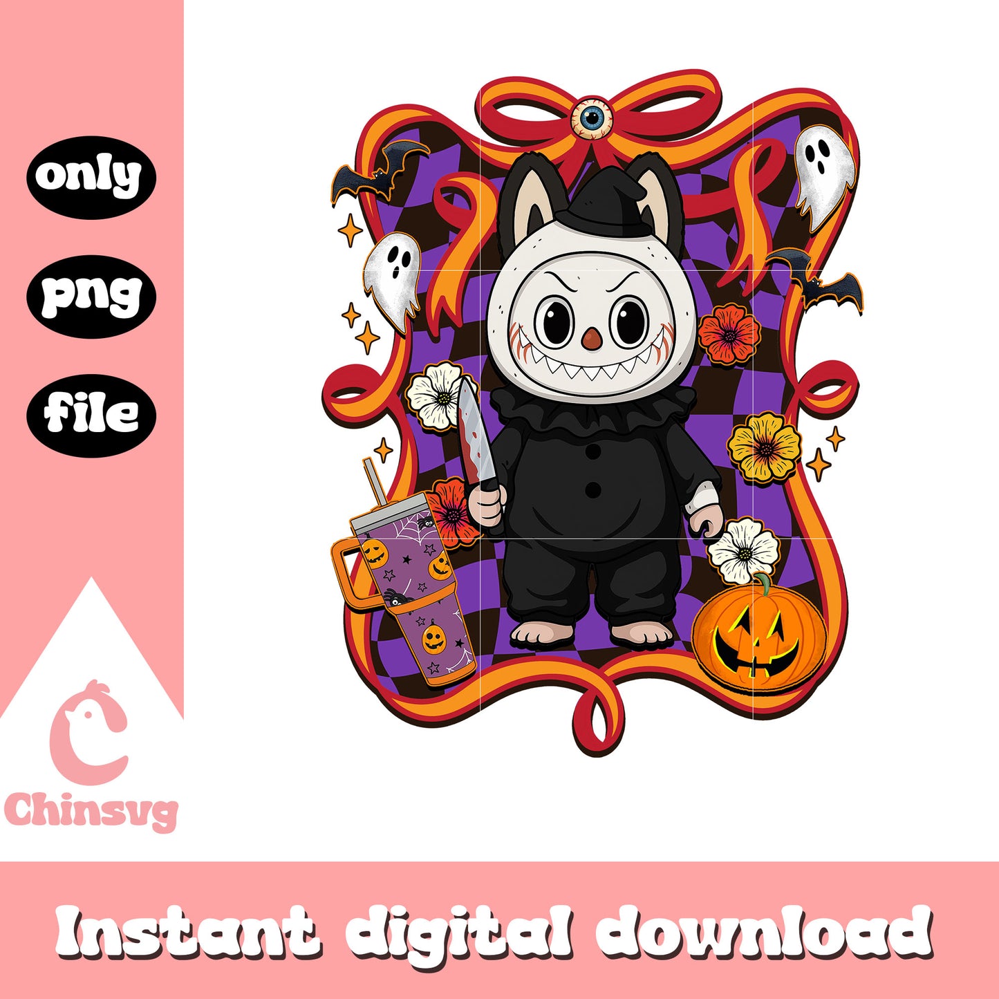 Evil clown halloween labubu bow png, halloween decoration png