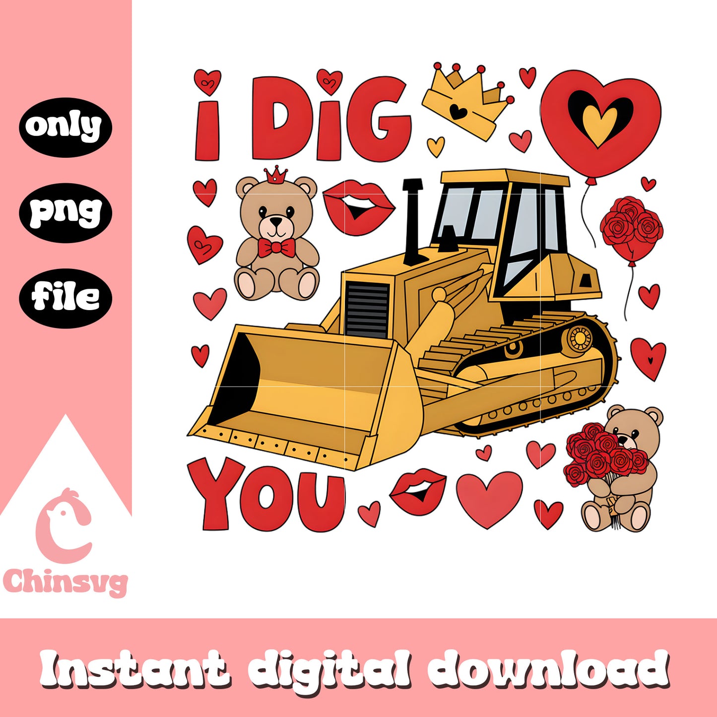 Excavator valentine love bear png, heart valentine's day png