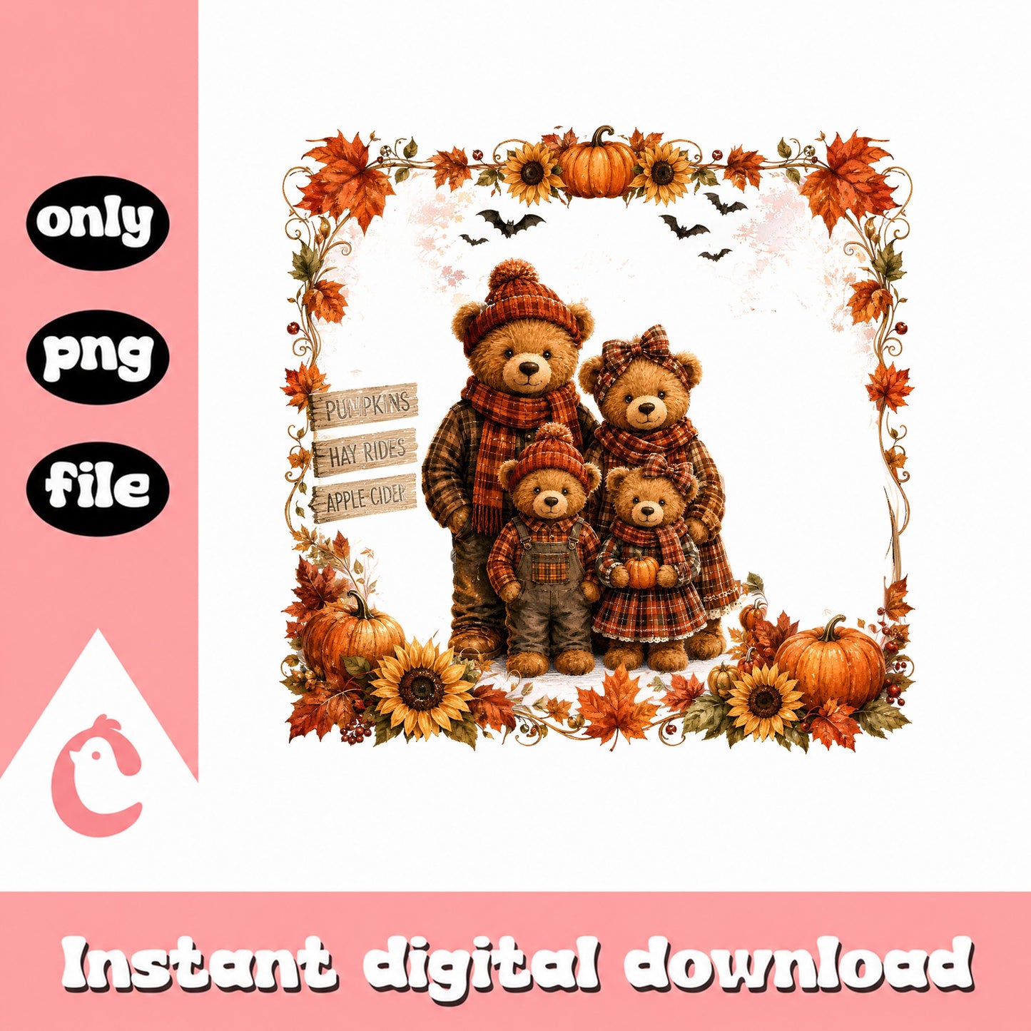 Fall Bear Family PNG, Autumn Pumpkin Clipart, Halloween PNG
