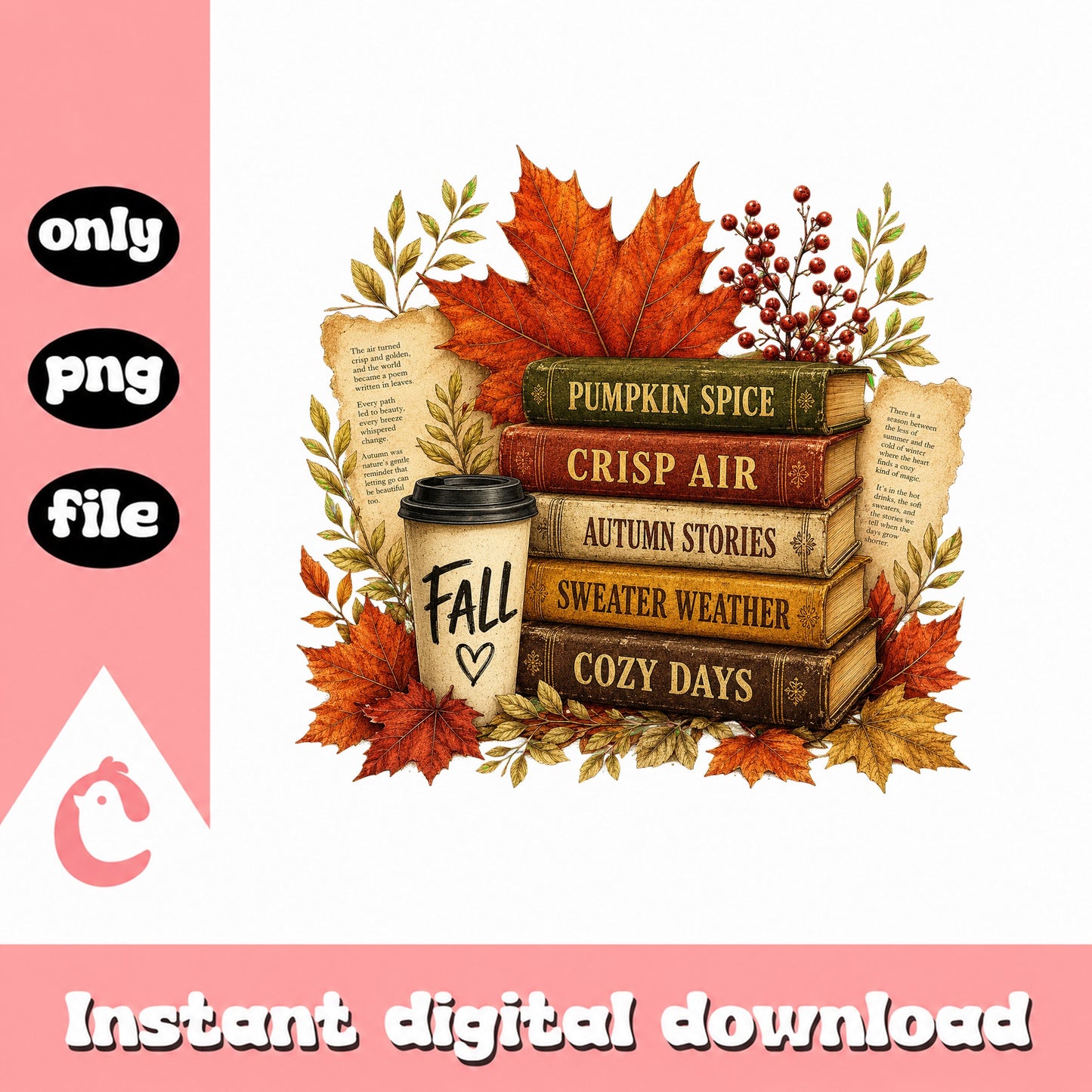 Fall Books And Coffee PNG, Autumn Cozy Vibes, Pumpkin Spice PNG