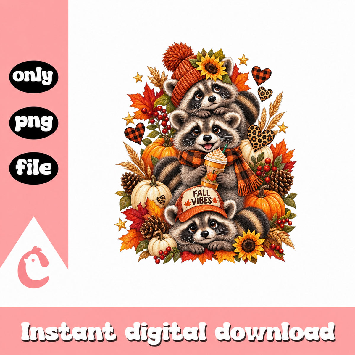 Fall Vibes Raccoon PNG, Autumn Pumpkin Clipart, Thanksgiving PNG