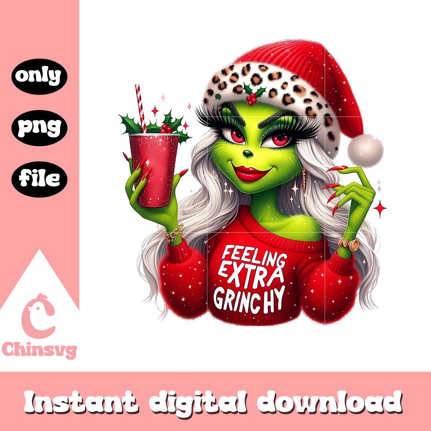 Feeling extra grinchy girl leopard red png, grinch drink png