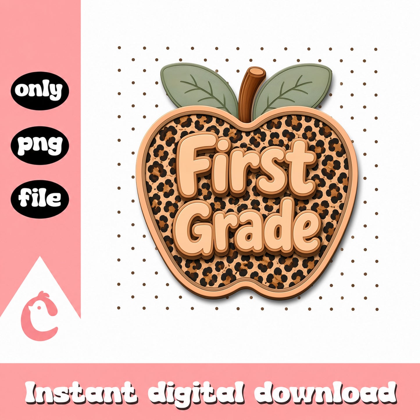 First Grade Leopard Apple PNG, Back To School PNG, Teacher PNG