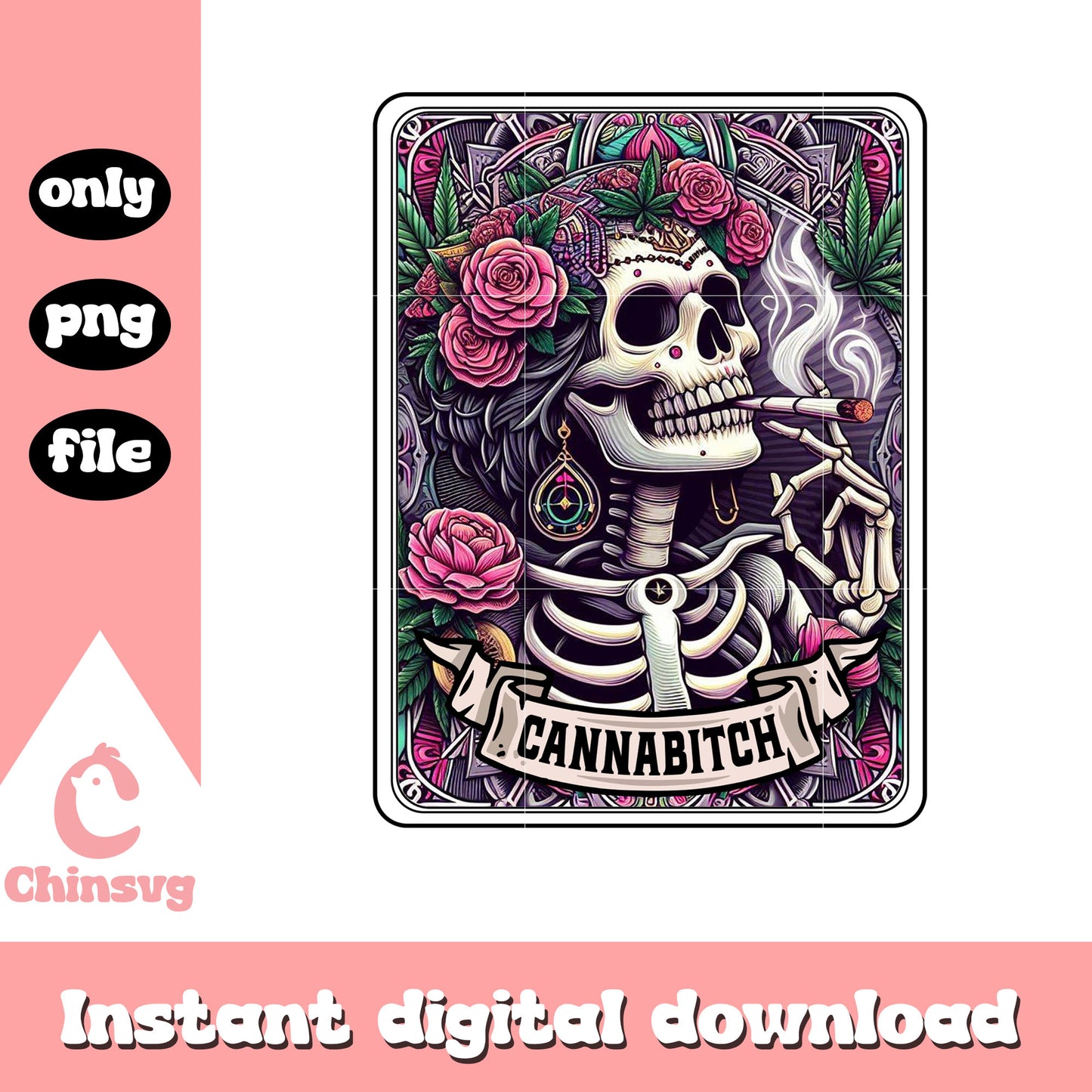 Floral cannabitch tarot card png, skeleton png, vintage png
