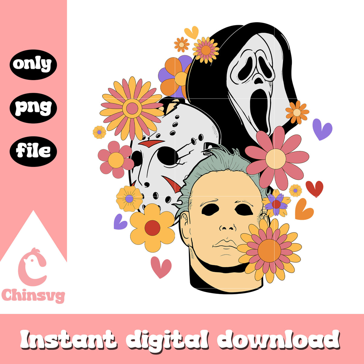 Floral horror movie characters png, retro halloween floral png