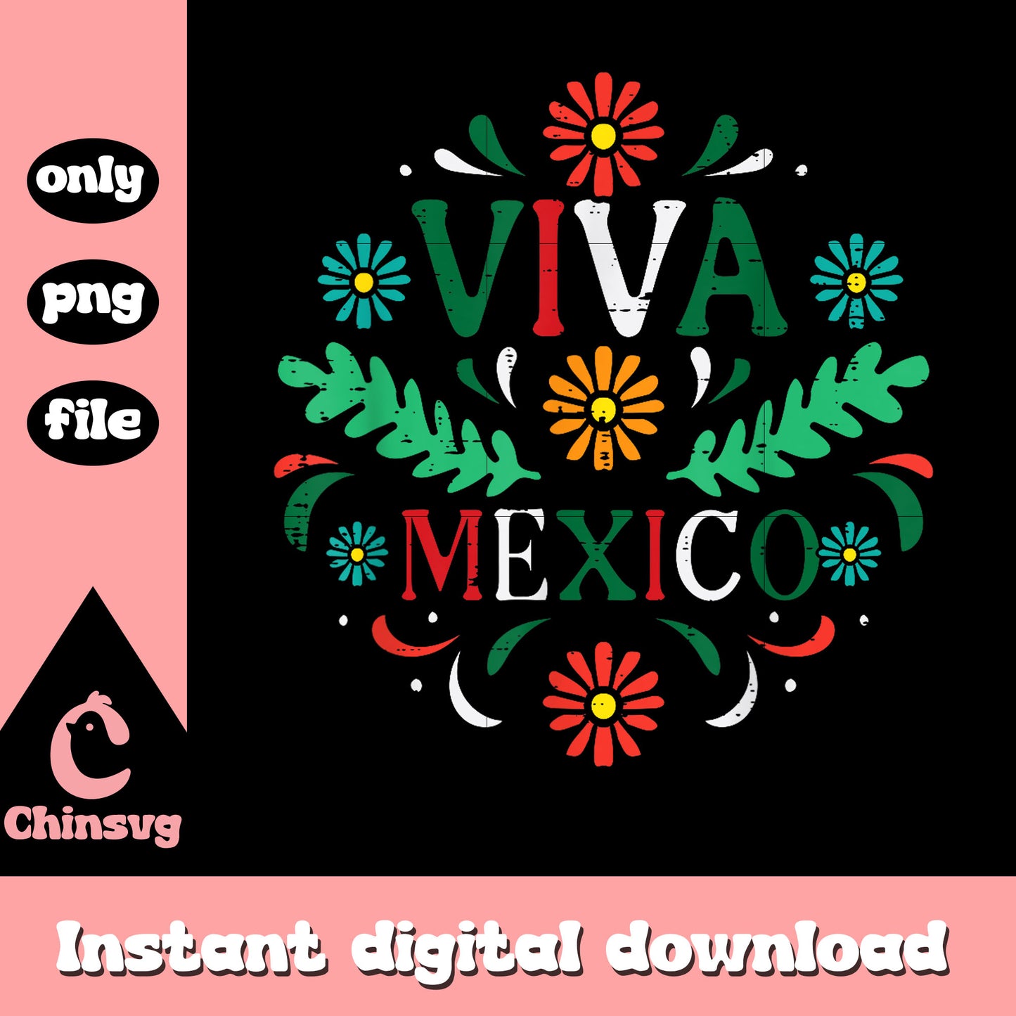 Floral viva mexico design png, mexican flag png, mexico independence png